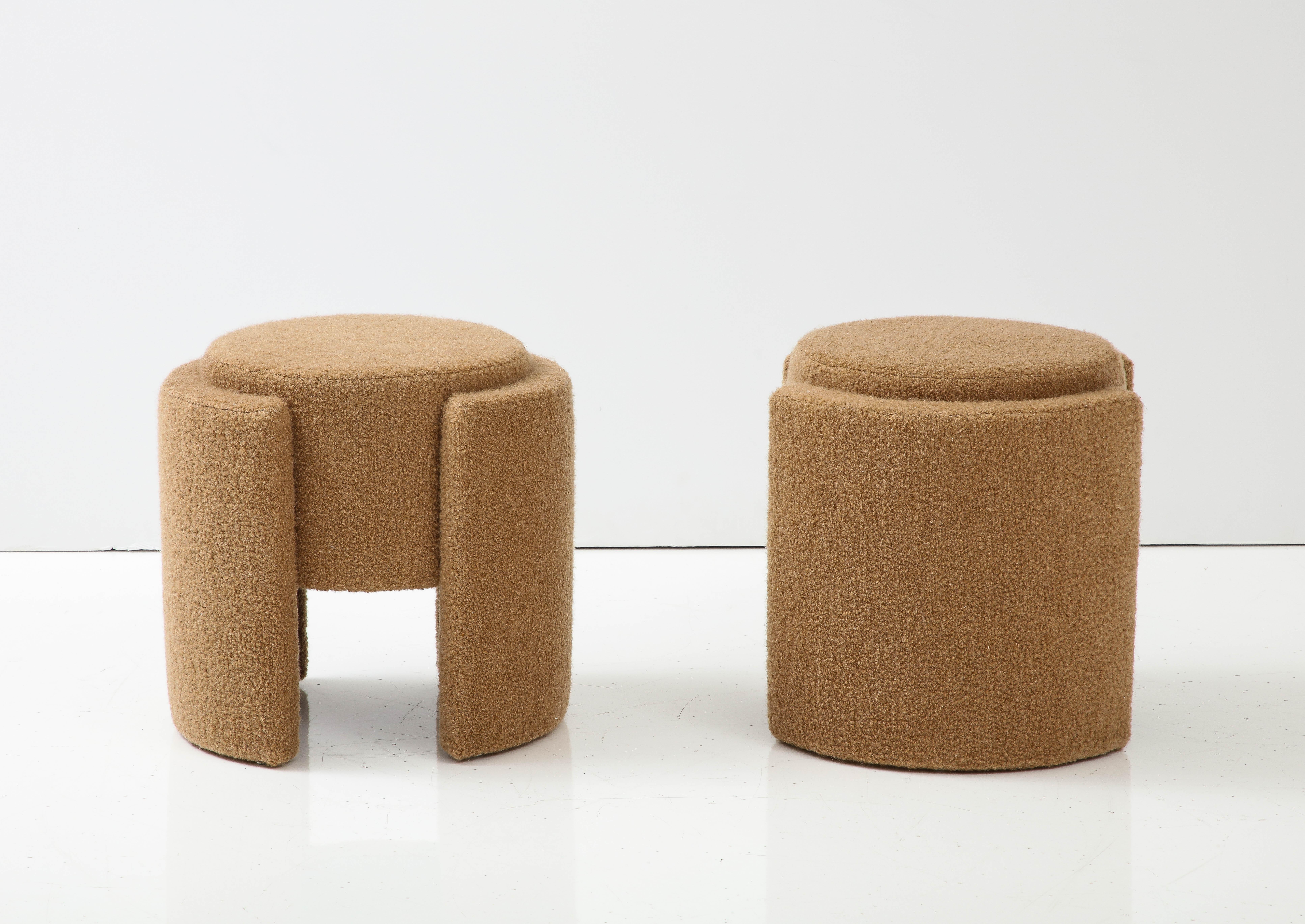 Contemporary Pair of Round Sculptural Poufs or Stools in Camel Boucle, Italy, 2023