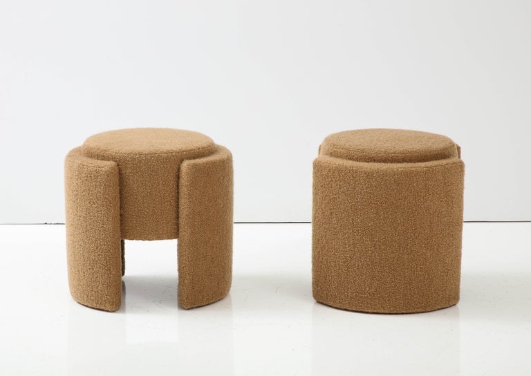 Contemporary Pair of Round Sculptural Poufs or Stools in Camel Boucle, Italy, 2023 For Sale