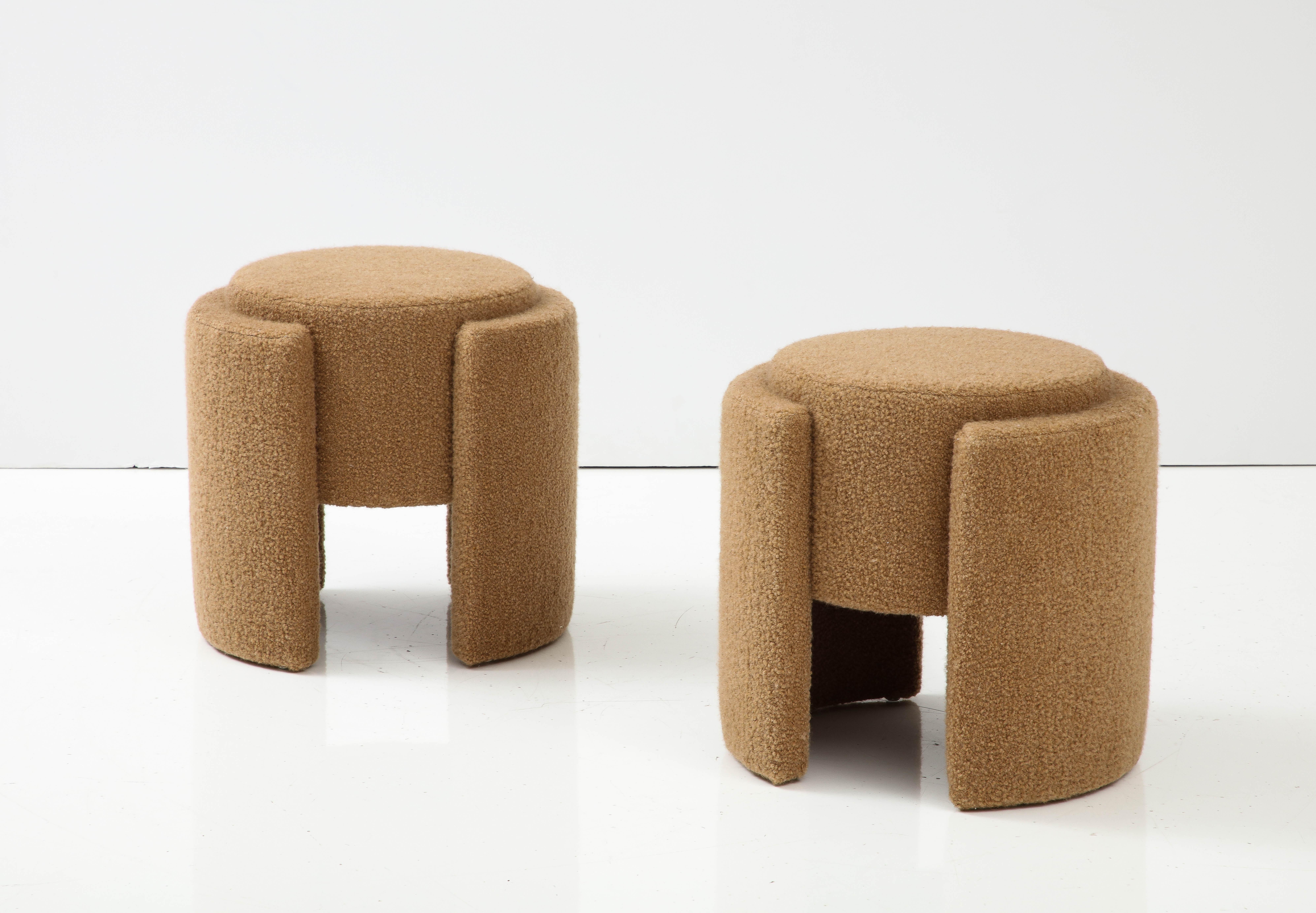 Bouclé Pair of Round Sculptural Poufs or Stools in Camel Boucle, Italy, 2023