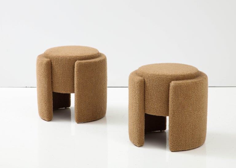 Pair of Round Sculptural Poufs or Stools in Camel Boucle, Italy, 2023 For Sale 1
