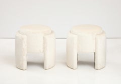 Pair of Round Sculptural Poufs or Stools in Ivory High Pile Velvet, Italy