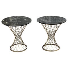 Pair of Round Side Tables Brass Leg and Wooden top Marble Effect 1970s