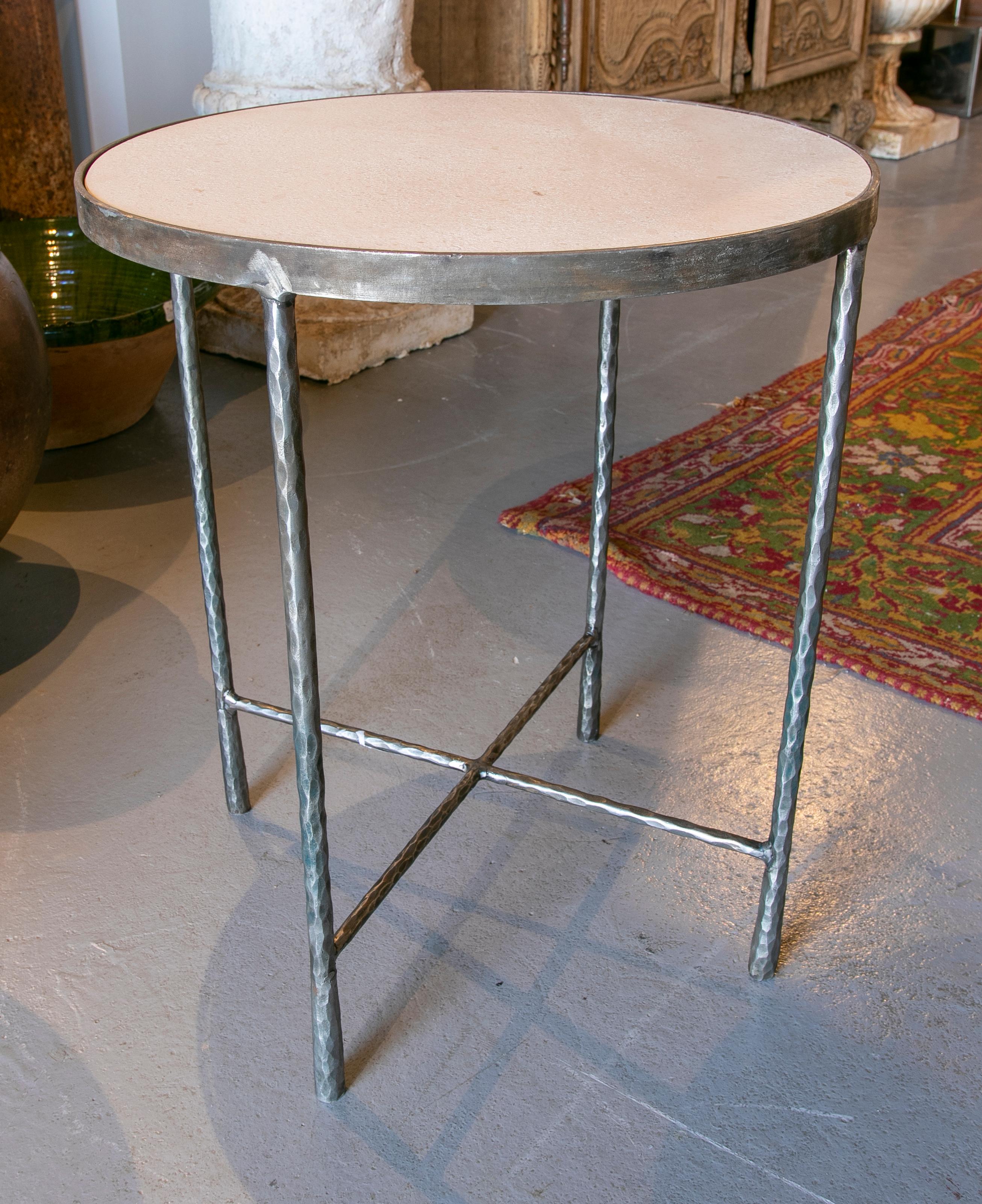Pair of Round Side Tables in Forged Iron and Limestone Marble Tops For Sale 9