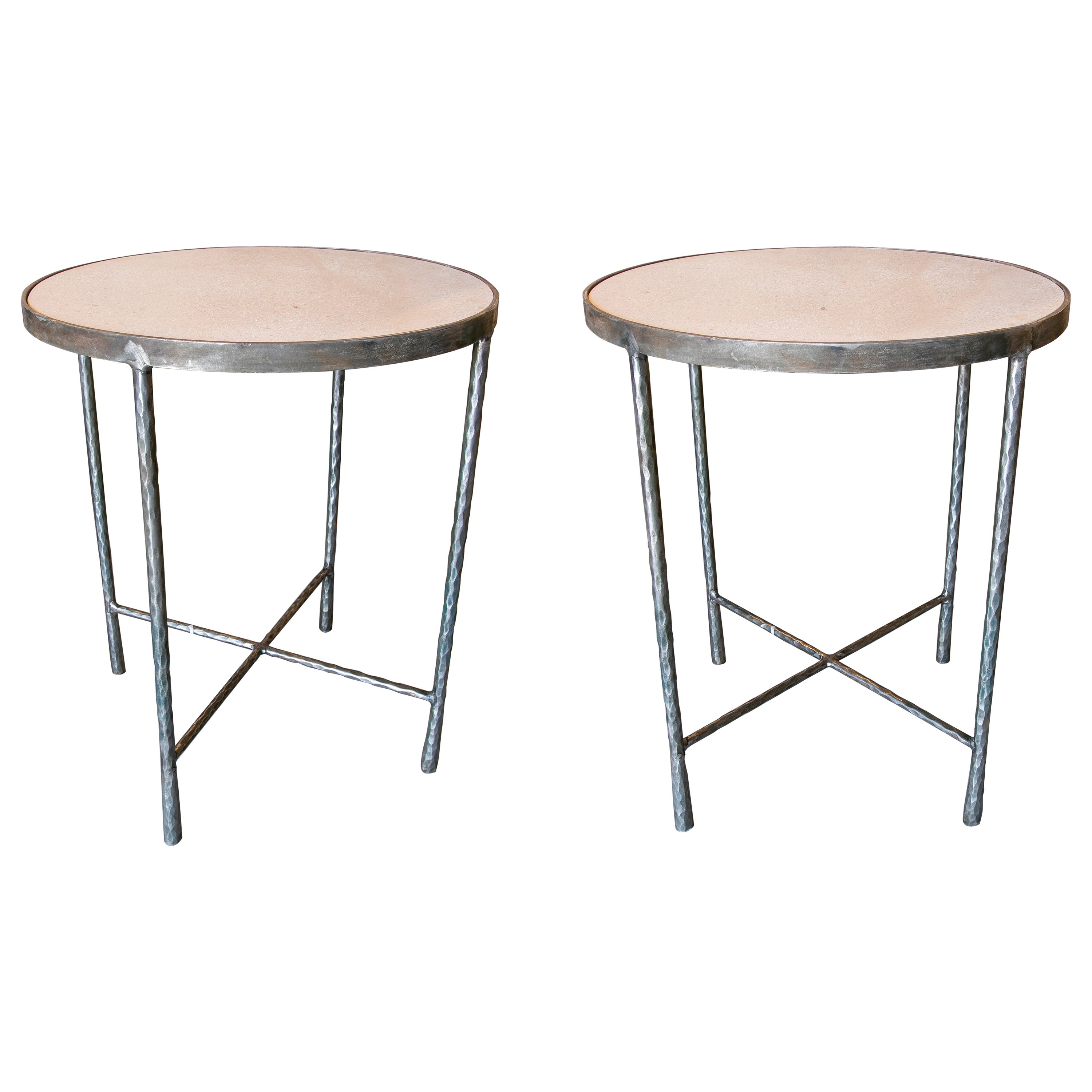 Pair of Round Side Tables in Forged Iron and Limestone Marble Tops For Sale
