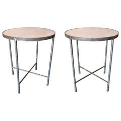 Pair of Round Side Tables in Forged Iron and Limestone Marble Tops
