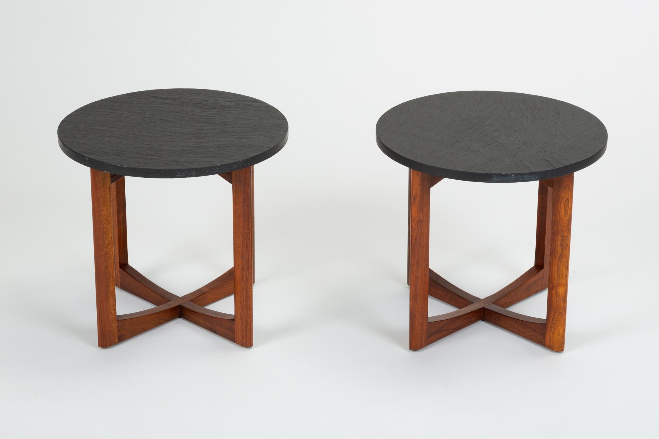 Mid-Century Modern Pair of Round Side Tables with Slate Top