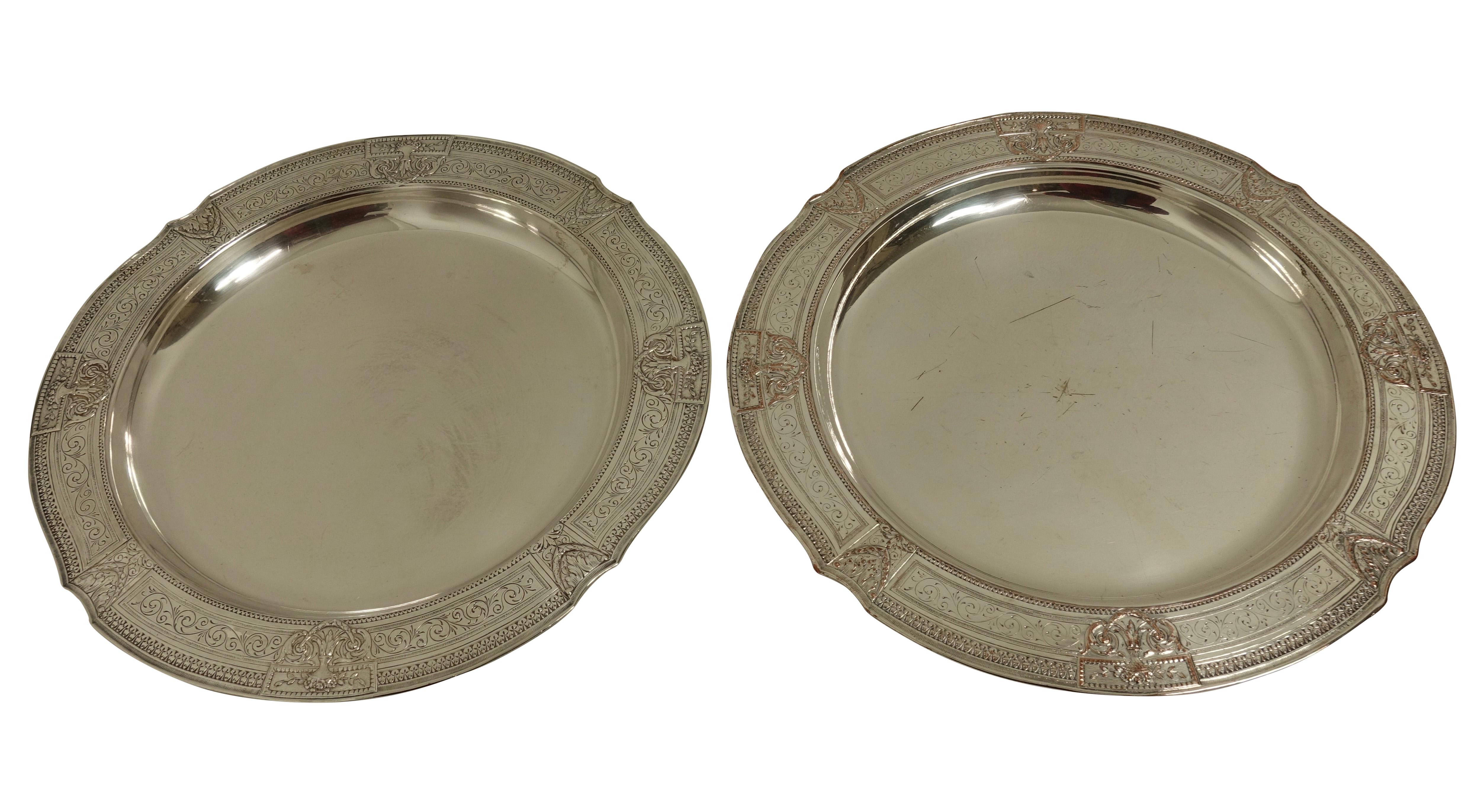 Neoclassical Pair of Round Silver Plate Trays E G Webster New York