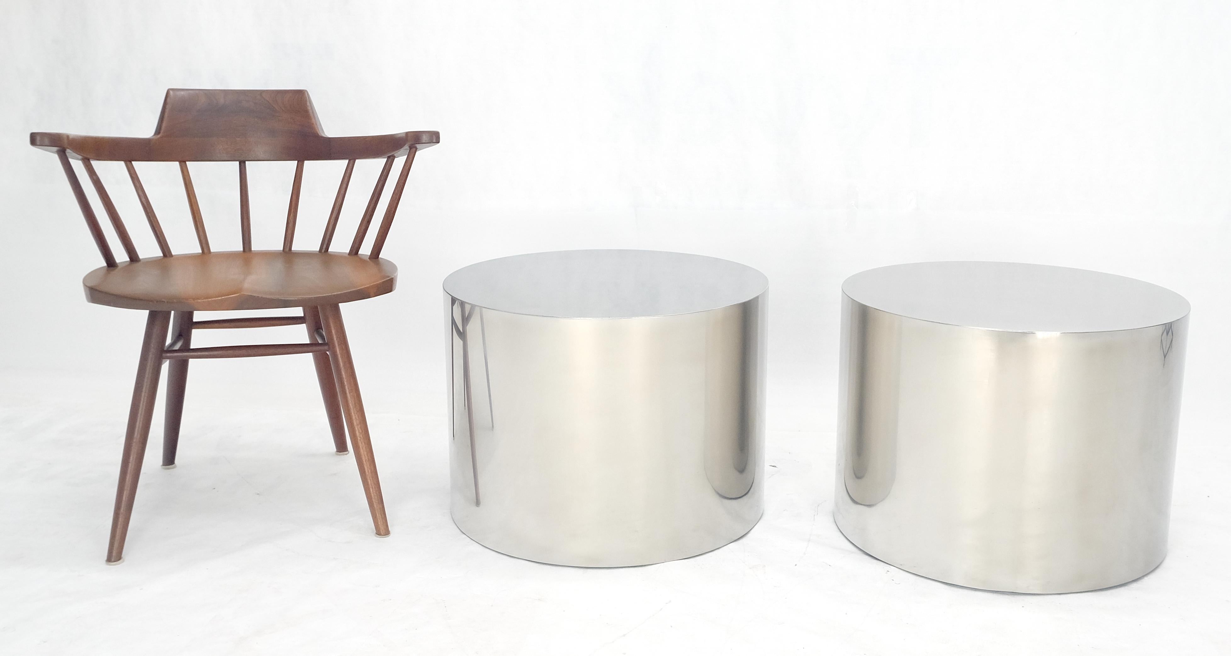 Mid-Century Modern Pair of Round Stainless Steel Chrome Cylinder Shape End Tables Pedestals Clean!