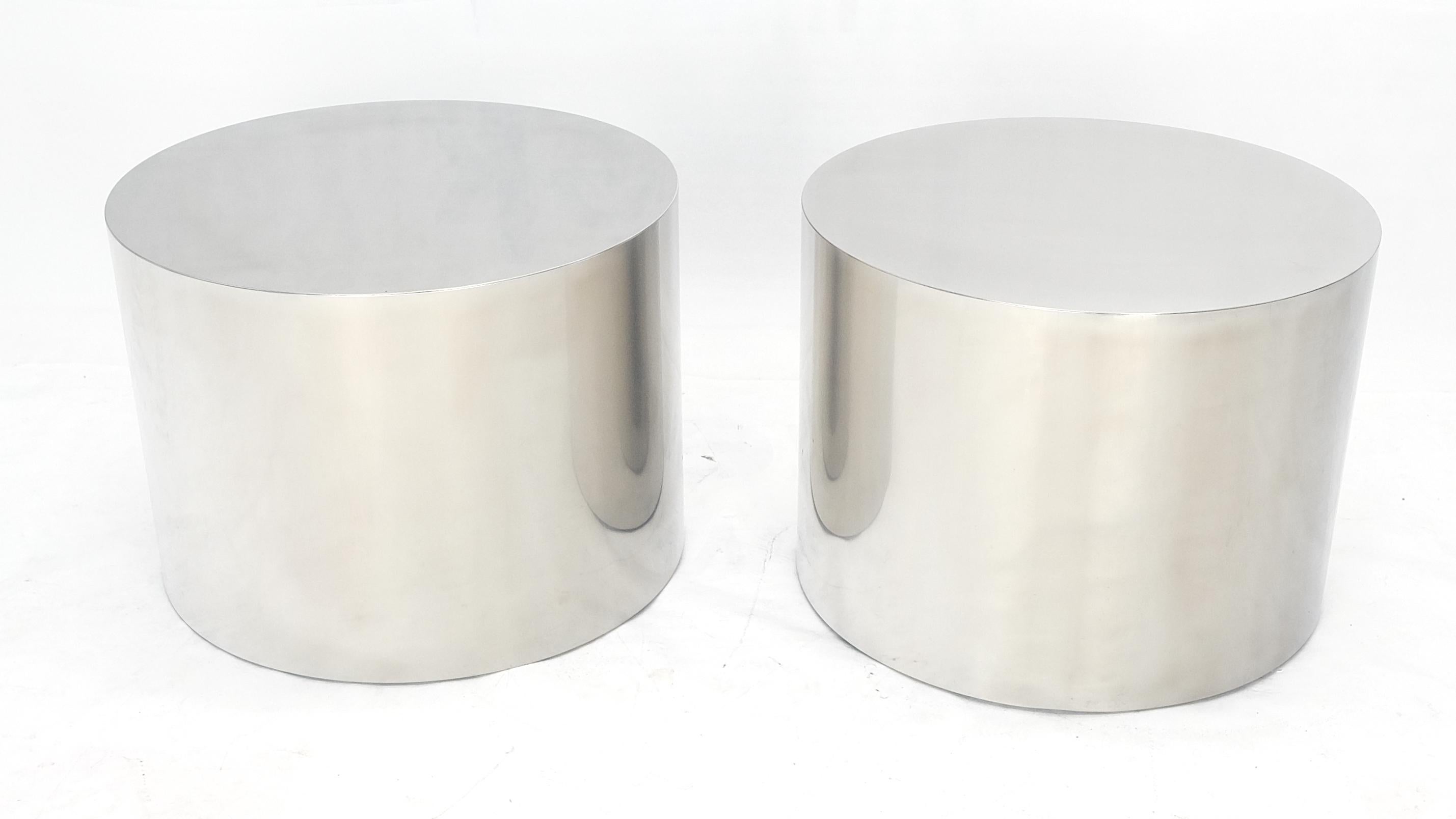 American Pair of Round Stainless Steel Chrome Cylinder Shape End Tables Pedestals Clean!