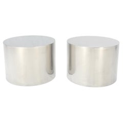 Pair of Round Stainless Steel Chrome Cylinder Shape End Tables Pedestals Clean!