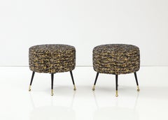 Pair of Round Stools or Poufs in Black Boucle with Black and Brass Legs, Italy