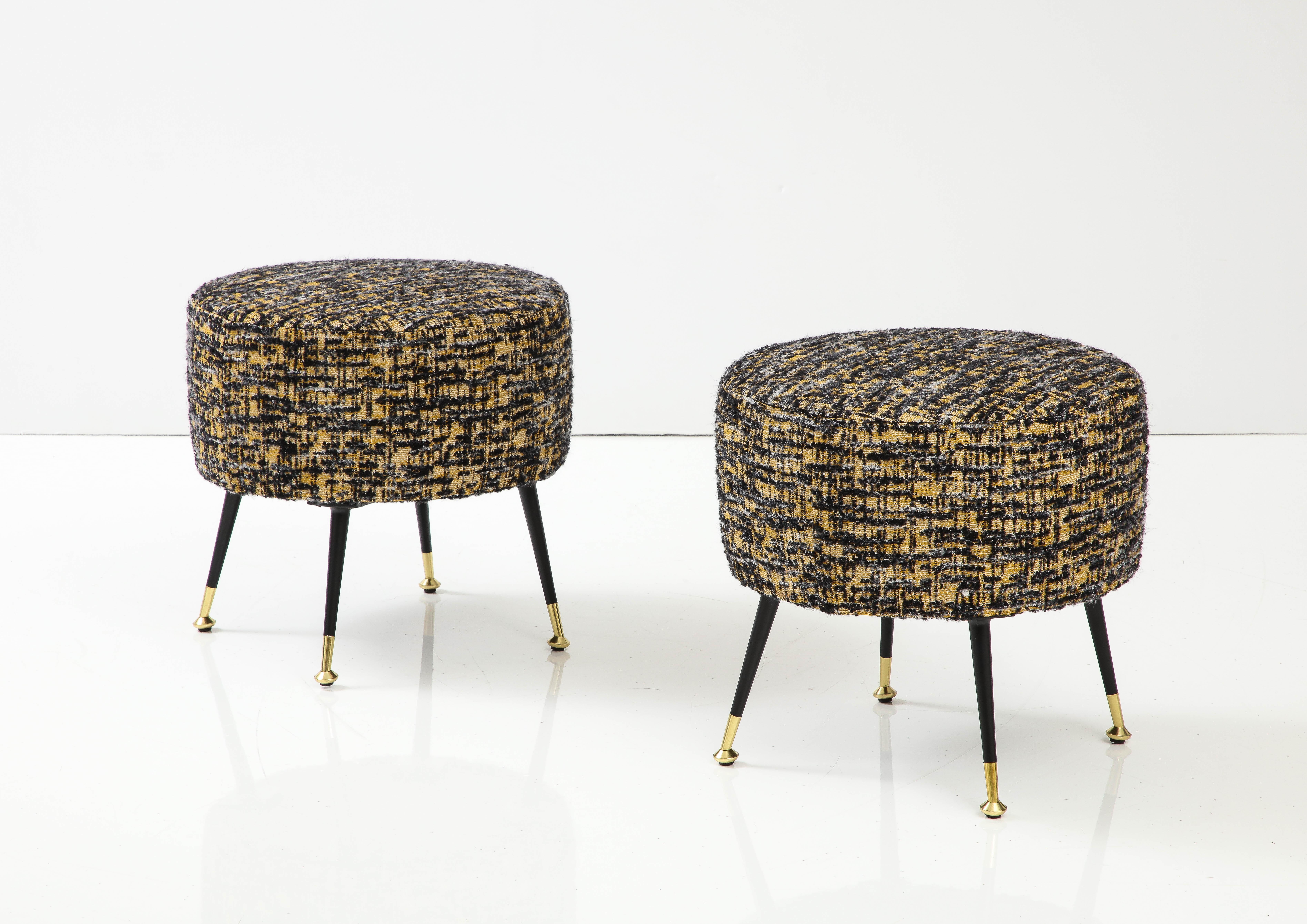 Mid-Century Modern Pair of Round Stools or Poufs in Black Boucle with Black and Brass Legs, Italy For Sale