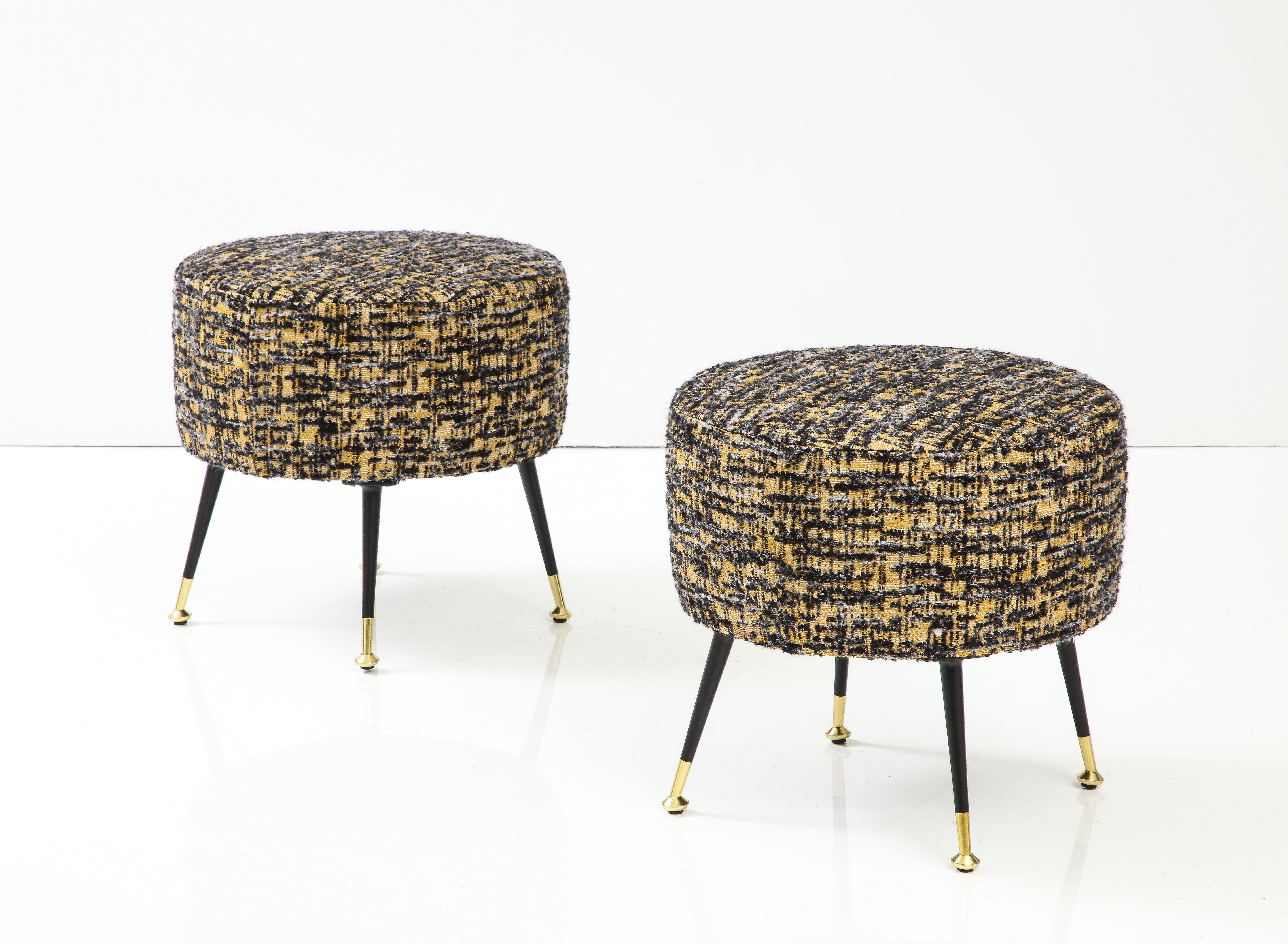 Hand-Crafted Pair of Round Stools or Poufs in Black Boucle with Black and Brass Legs, Italy For Sale