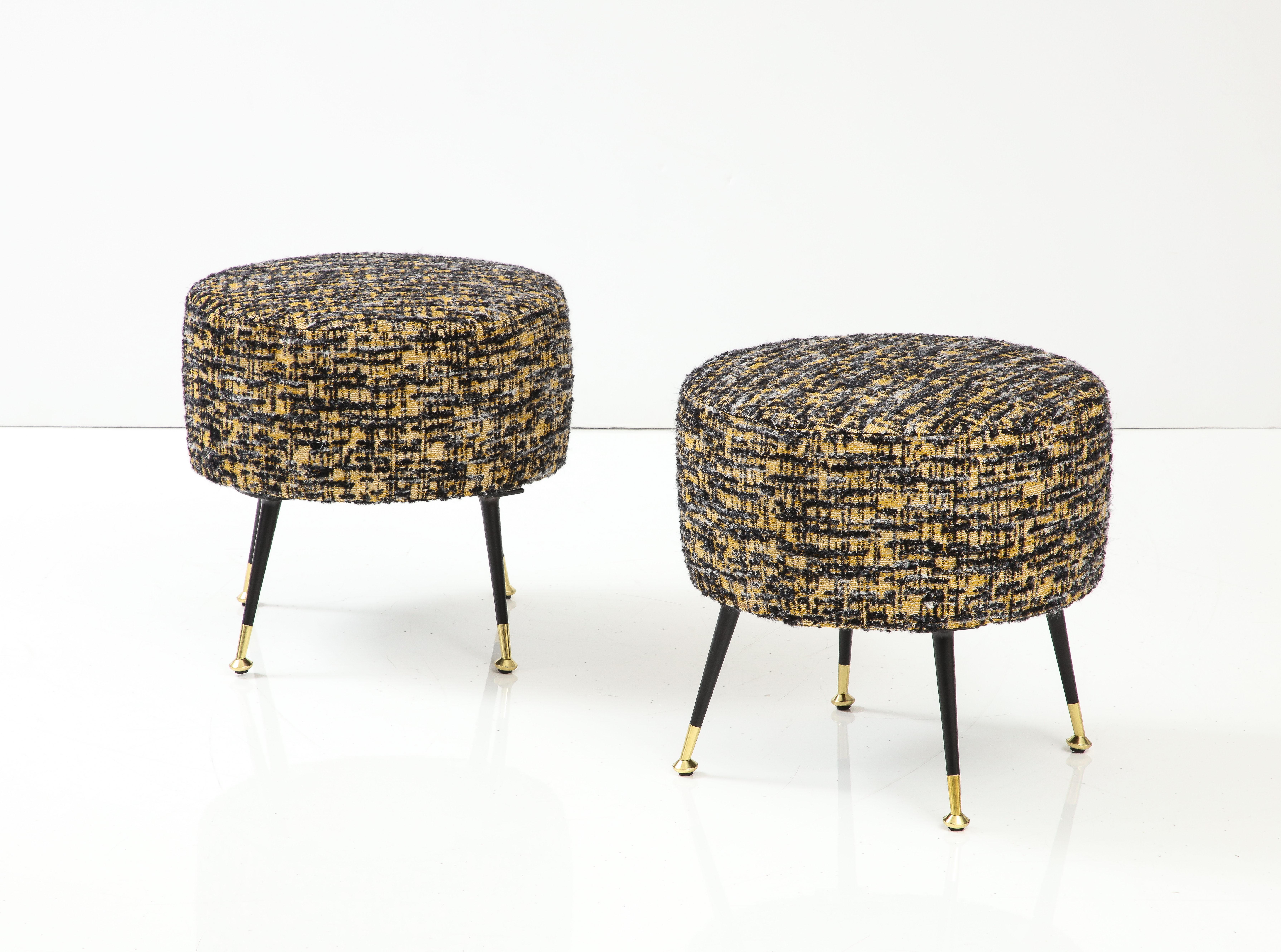 Pair of Round Stools or Poufs in Black Boucle with Black and Brass Legs, Italy In New Condition For Sale In New York, NY