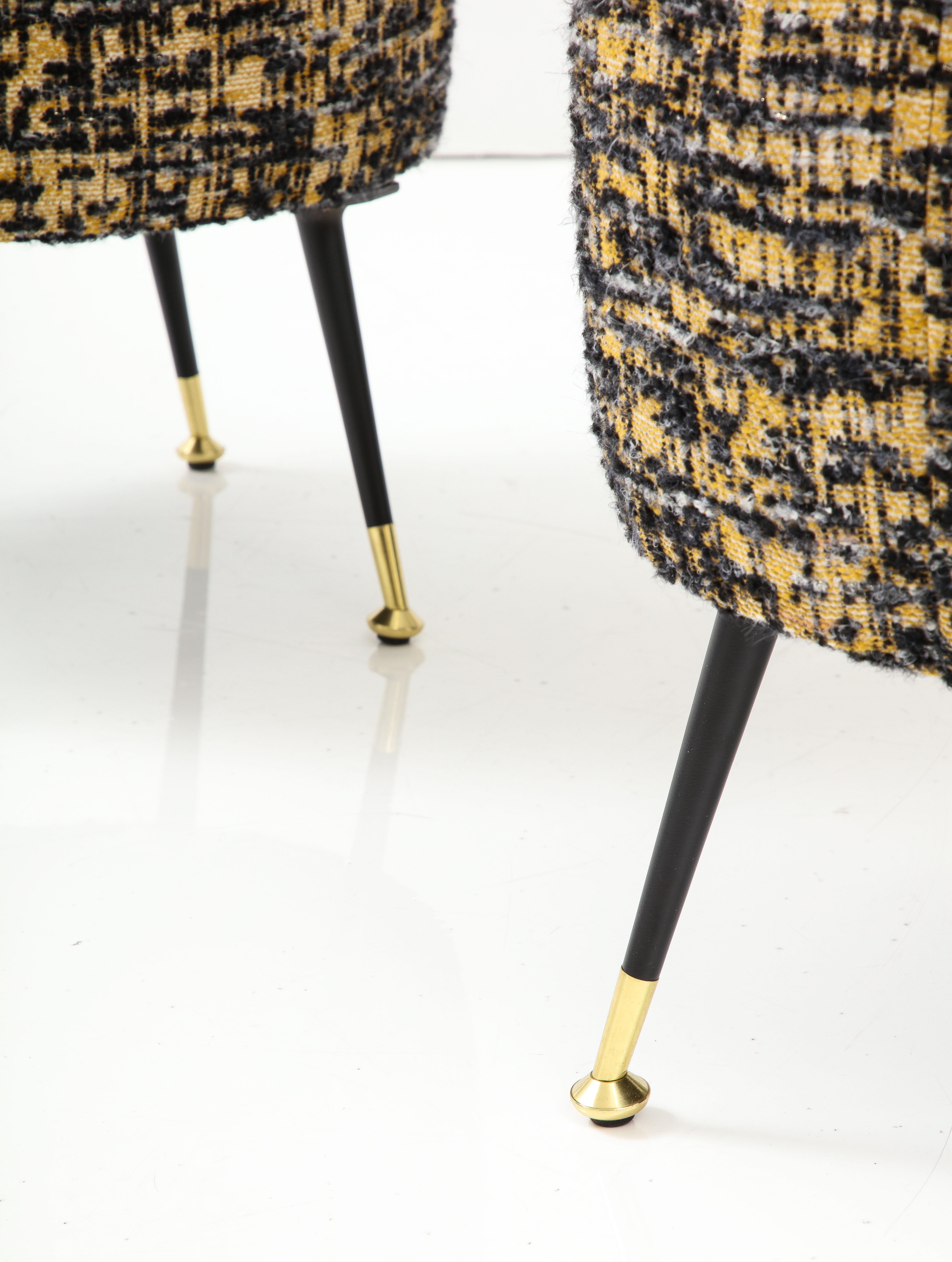 Contemporary Pair of Round Stools or Poufs in Black Boucle with Black and Brass Legs, Italy For Sale