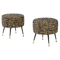 Pair of Round Stools or Poufs in Black Boucle with Black and Brass Legs, Italy