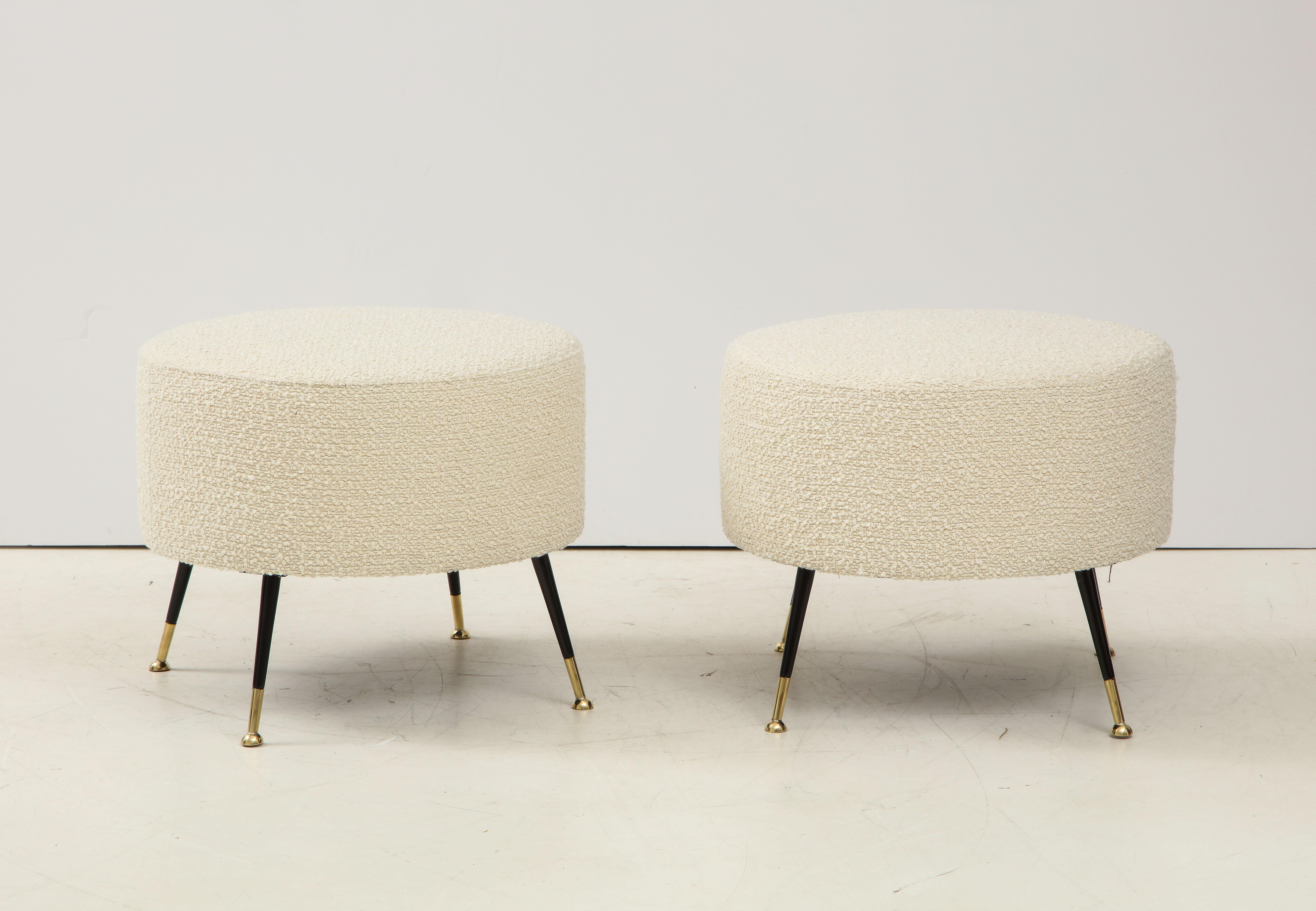 Mid-Century Modern Pair of Round Stools or Poufs in Ivory Boucle Brass Legs, Italy, 2021