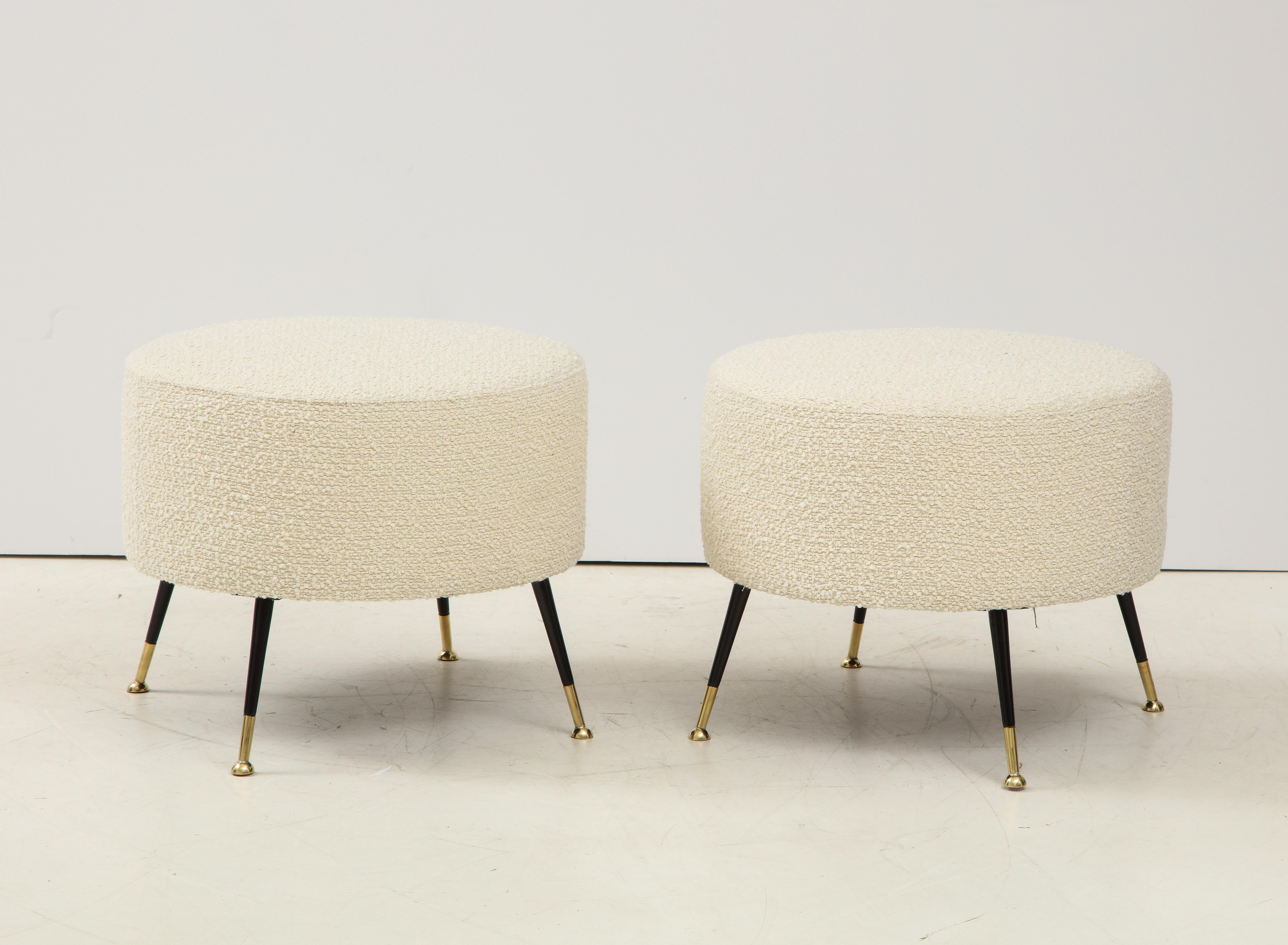 Hand-Crafted Pair of Round Stools or Poufs in Ivory Boucle Brass Legs, Italy, 2021