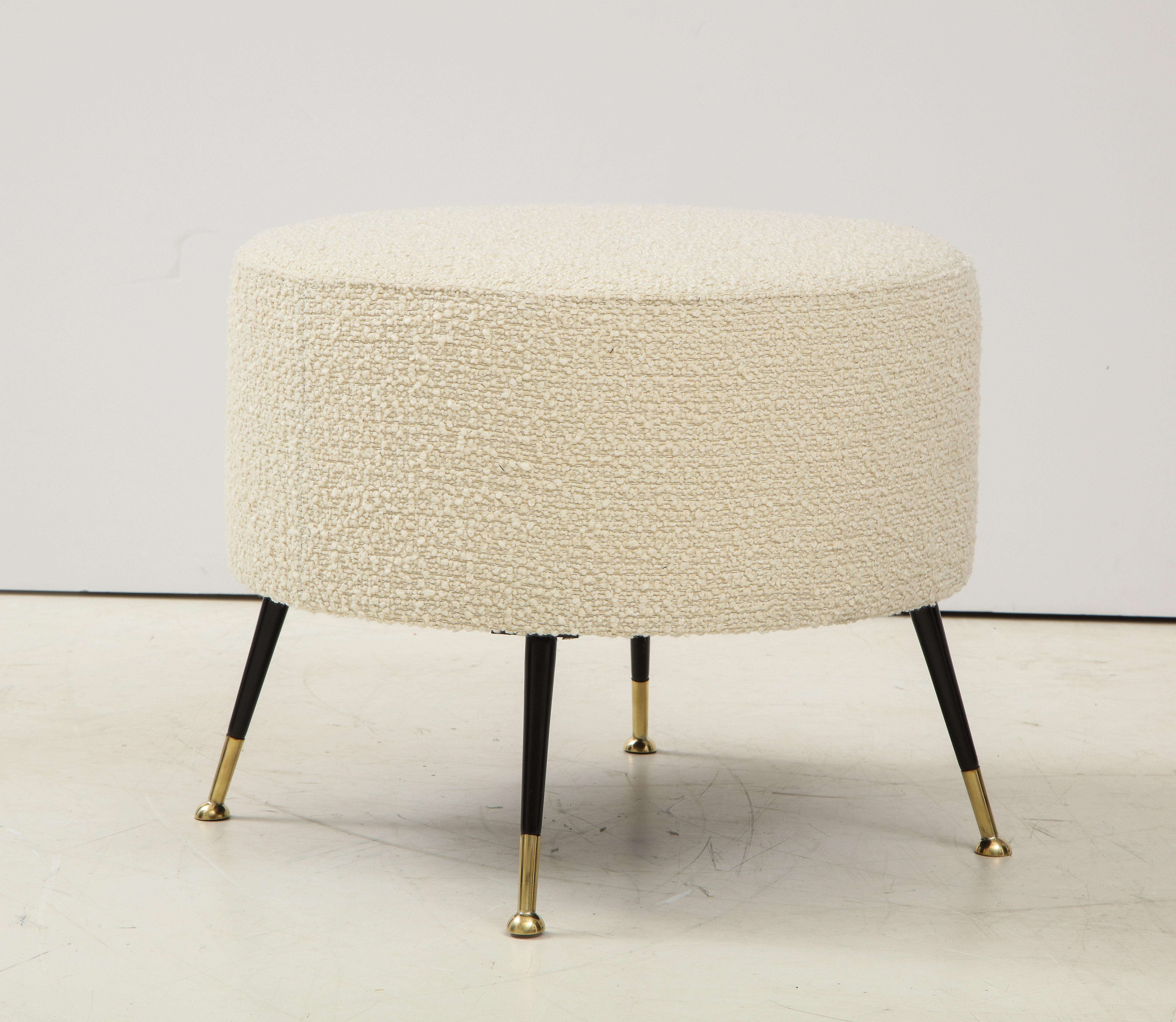 Contemporary Pair of Round Stools or Poufs in Ivory Boucle Brass Legs, Italy, 2021