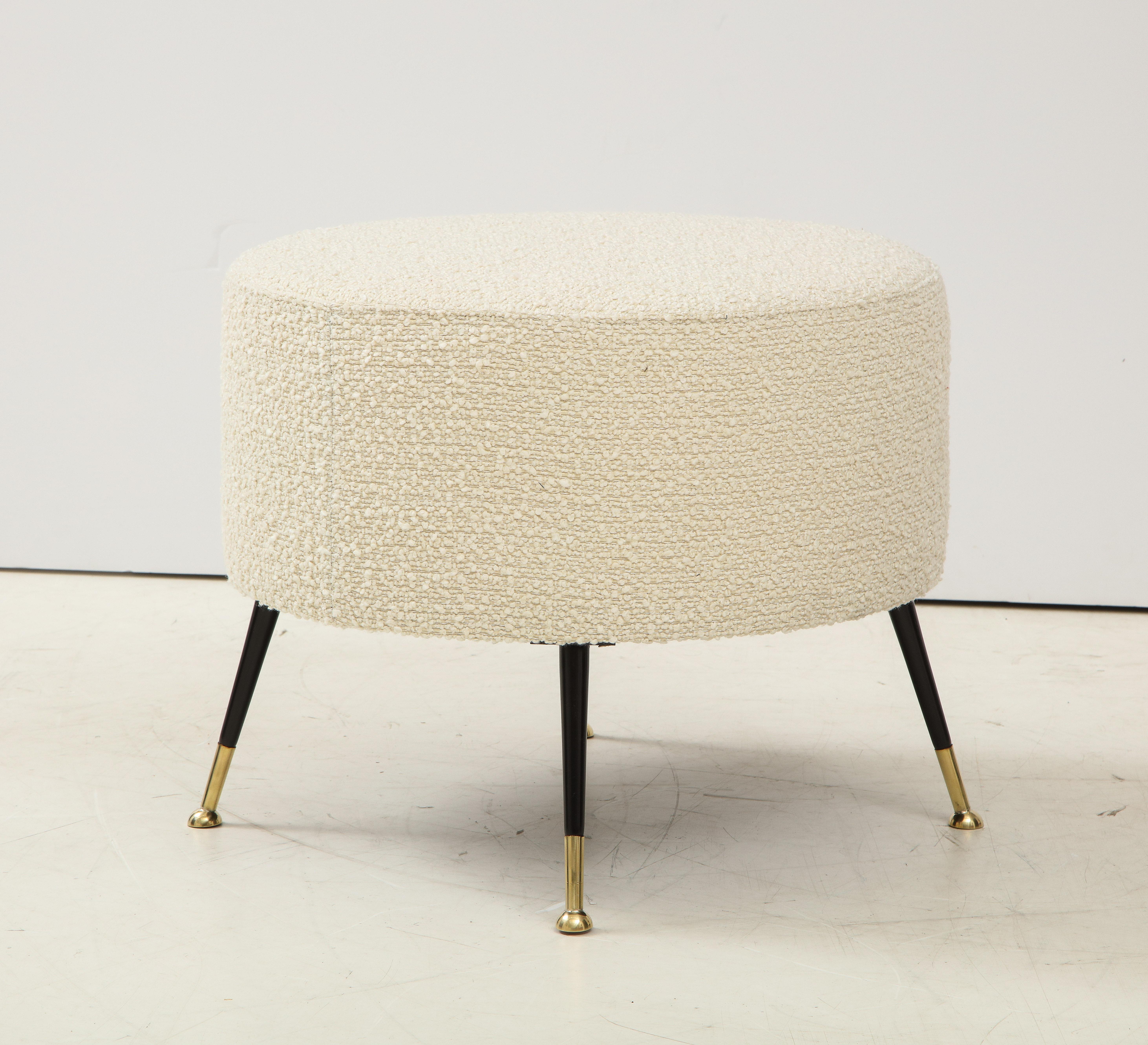 Bouclé Pair of Round Stools or Poufs in Ivory Boucle Brass Legs, Italy, 2021