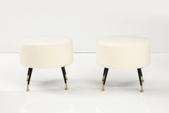 Pair of Round Stools or Poufs in Ivory Boucle with Brass Legs, Italy, 2023