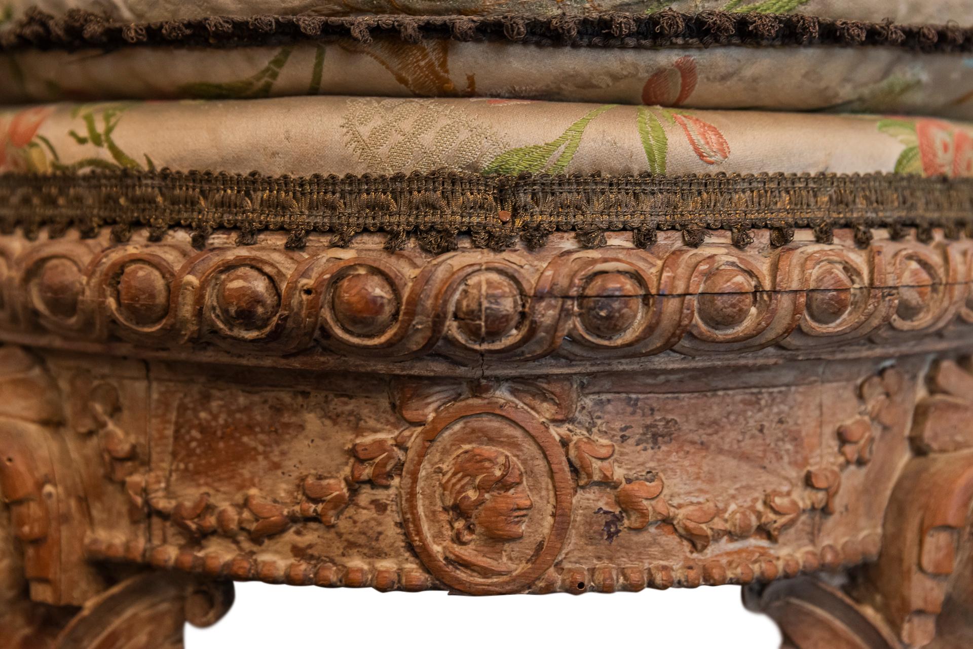 Pair of Round Stools, Sculpted Wood, Late 18th Century, France 1