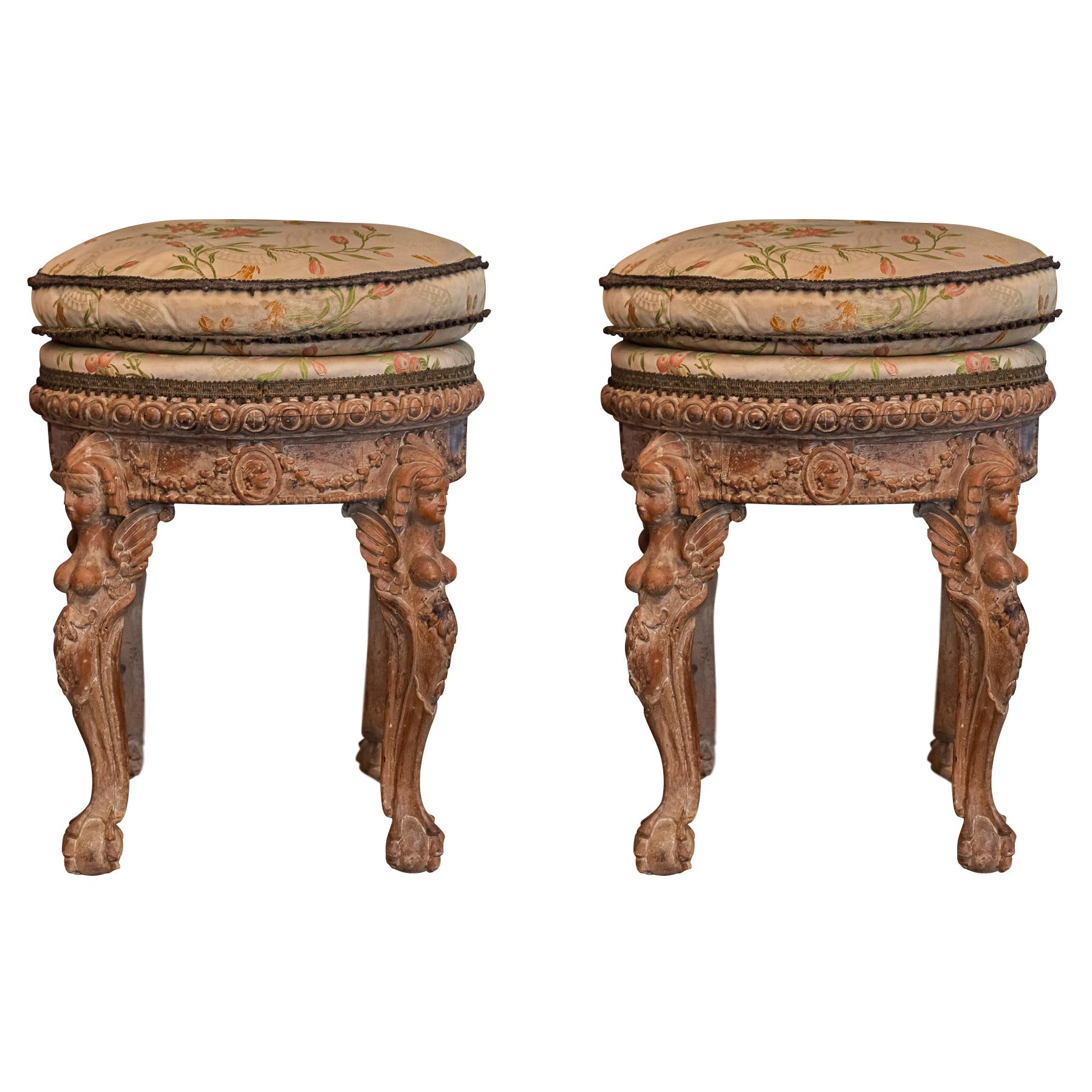 Pair of Round Stools, Sculpted Wood, Late 18th Century, France