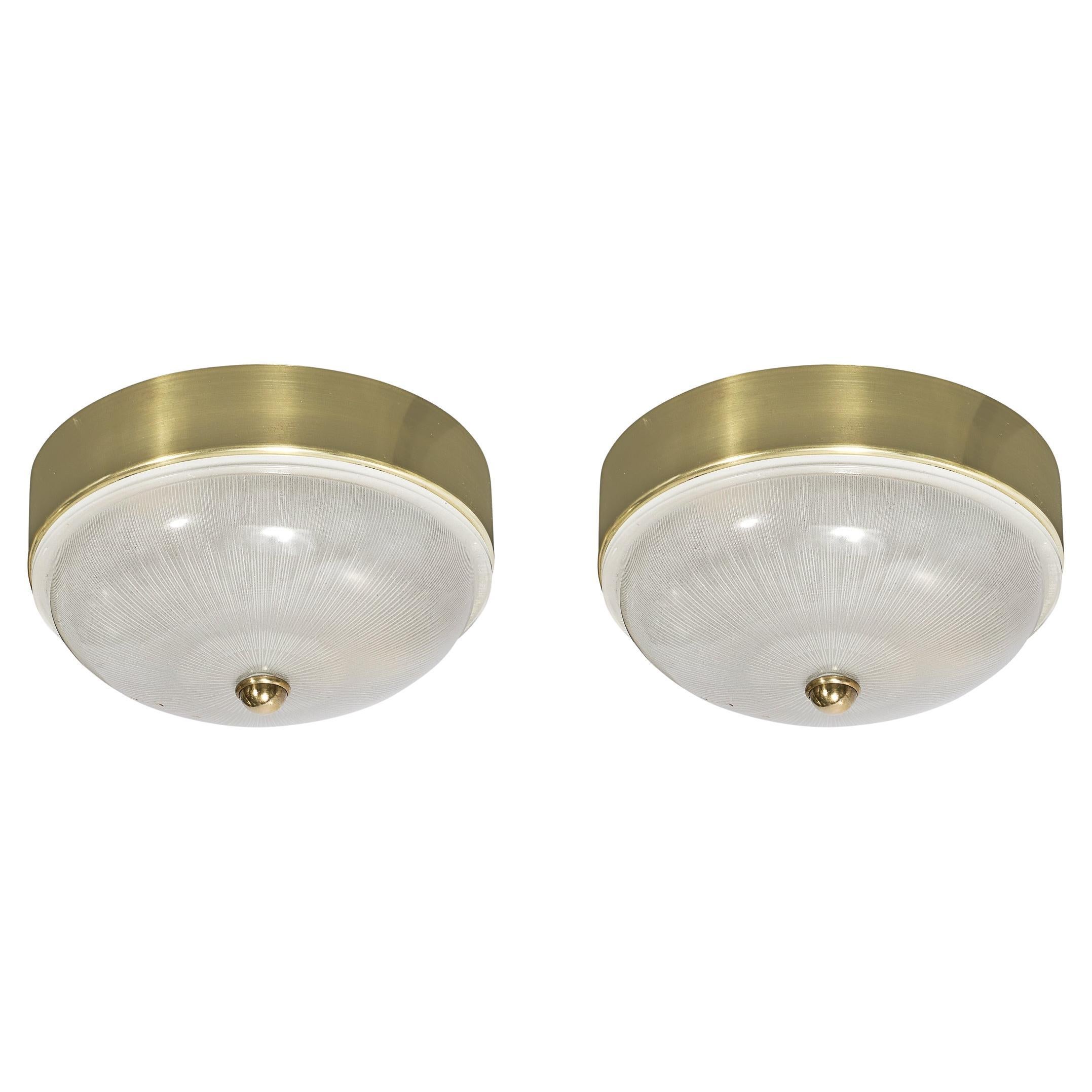 Pair of Round Striated Starburst Glass Flush Mount Chandeliers w/ Brass Fittings For Sale