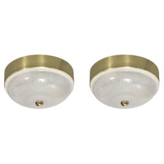 Pair of Round Striated Starburst Glass Flush Mount Chandeliers w/ Brass Fittings Pair of Round Striated Starburst Glass Flush Mount Chandeliers w/ Brass Fittings