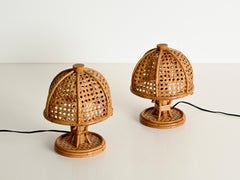 Pair of Round Table Lamps in Bamboo, Rattan and Vienna Straw, Sognot, Italy 1960
