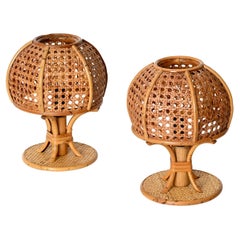 Pair of Round Table Lamps in Bamboo, Rattan and Vienna Straw, Sognot, Italy 1960