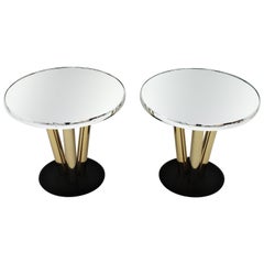 Pair of Round Tables in Brass, Mirror and Black Lacquer