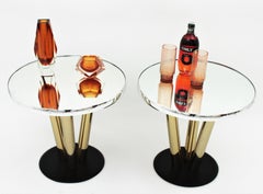 Pair of Round Tables in Brass, Mirror and Black Lacquer