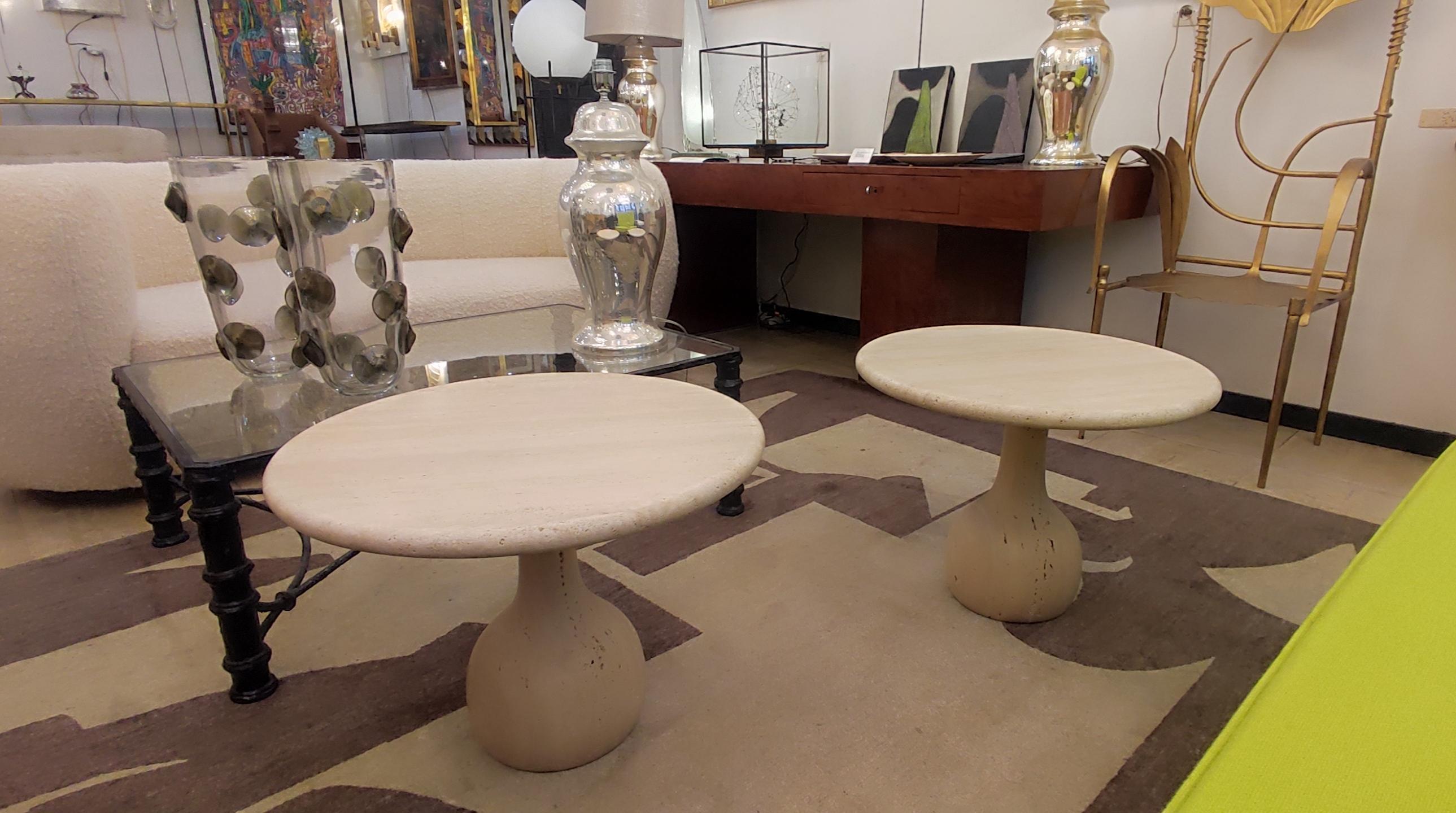 Pair of round Travertine cocktail  table For Sale 2