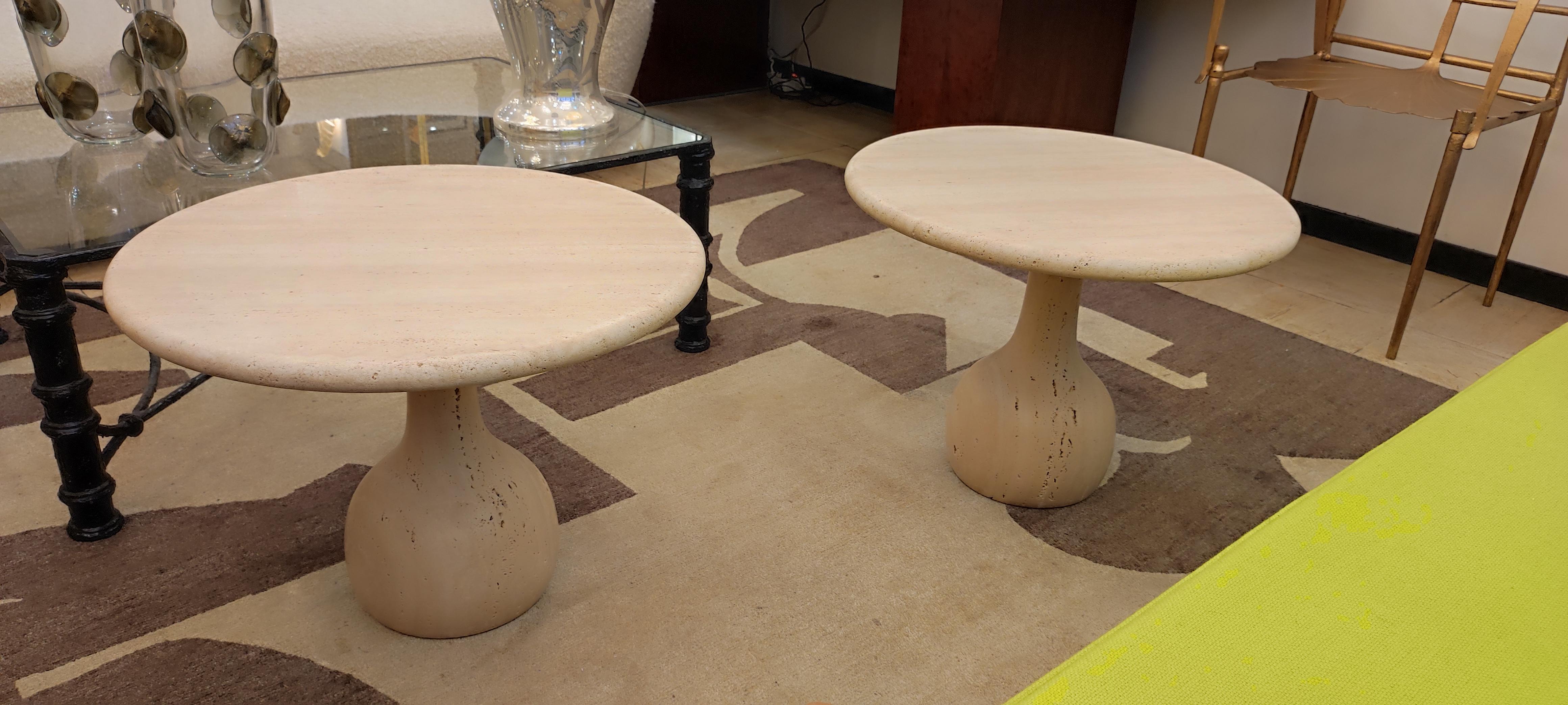 Pair of round Travertine cocktail  table For Sale 5