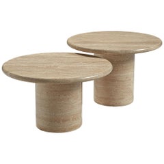 Pair of Round Travertine Cocktail Tables
