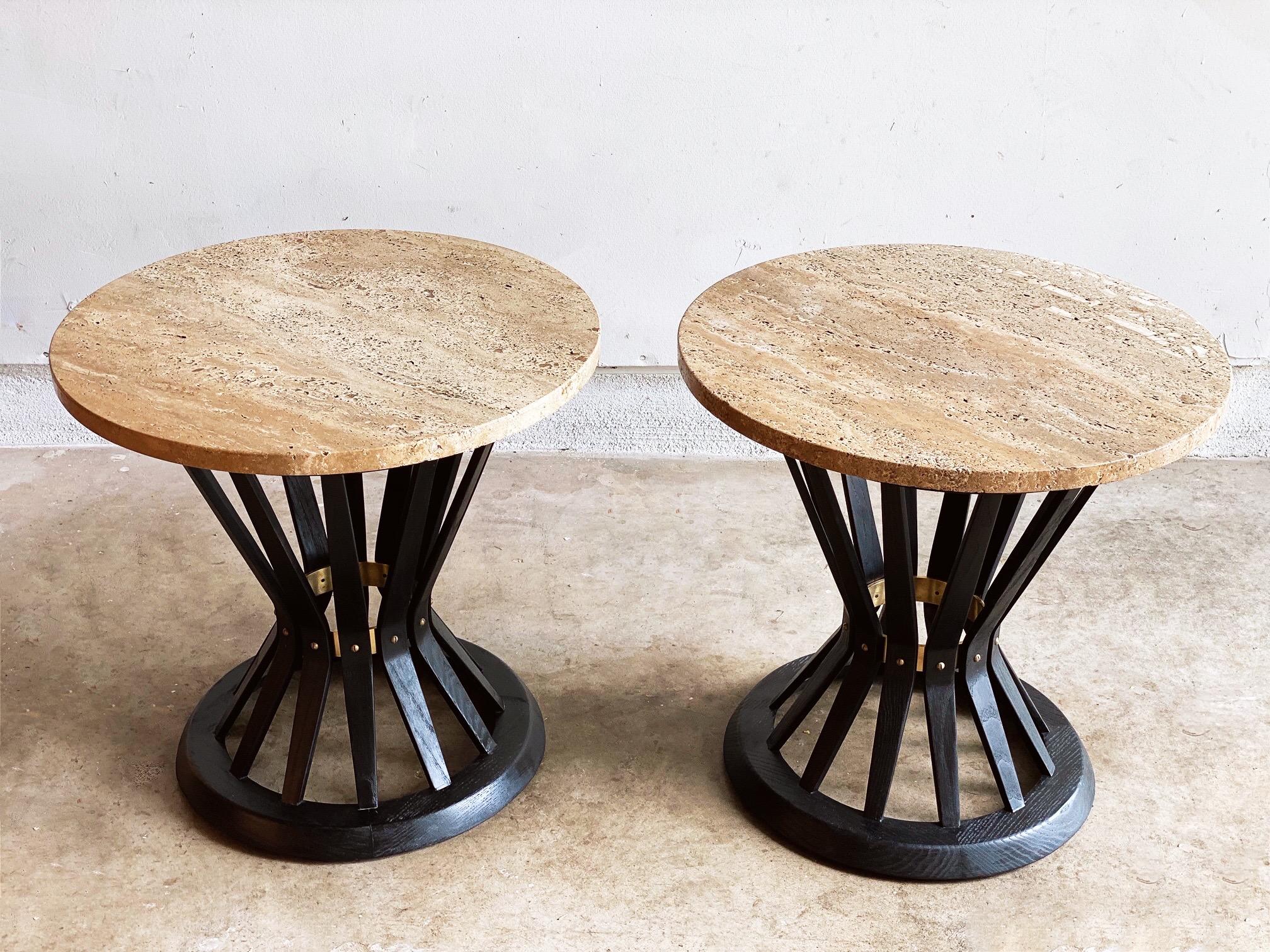 Pair of Round Travertine Tables by Edward Wormley for Dunbar Furniture Corp. 3