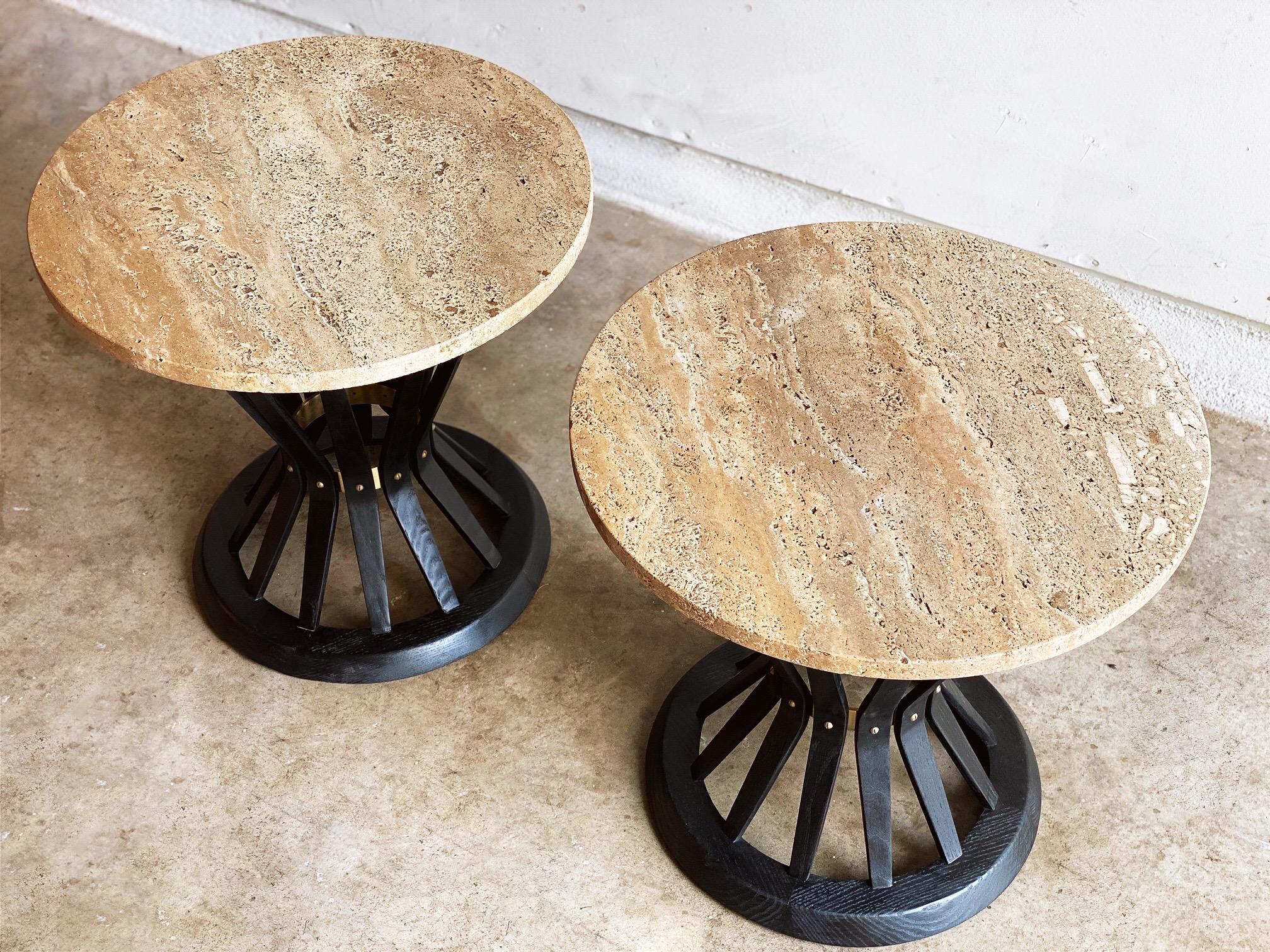 Mid-Century Modern Pair of Round Travertine Tables by Edward Wormley for Dunbar Furniture Corp.