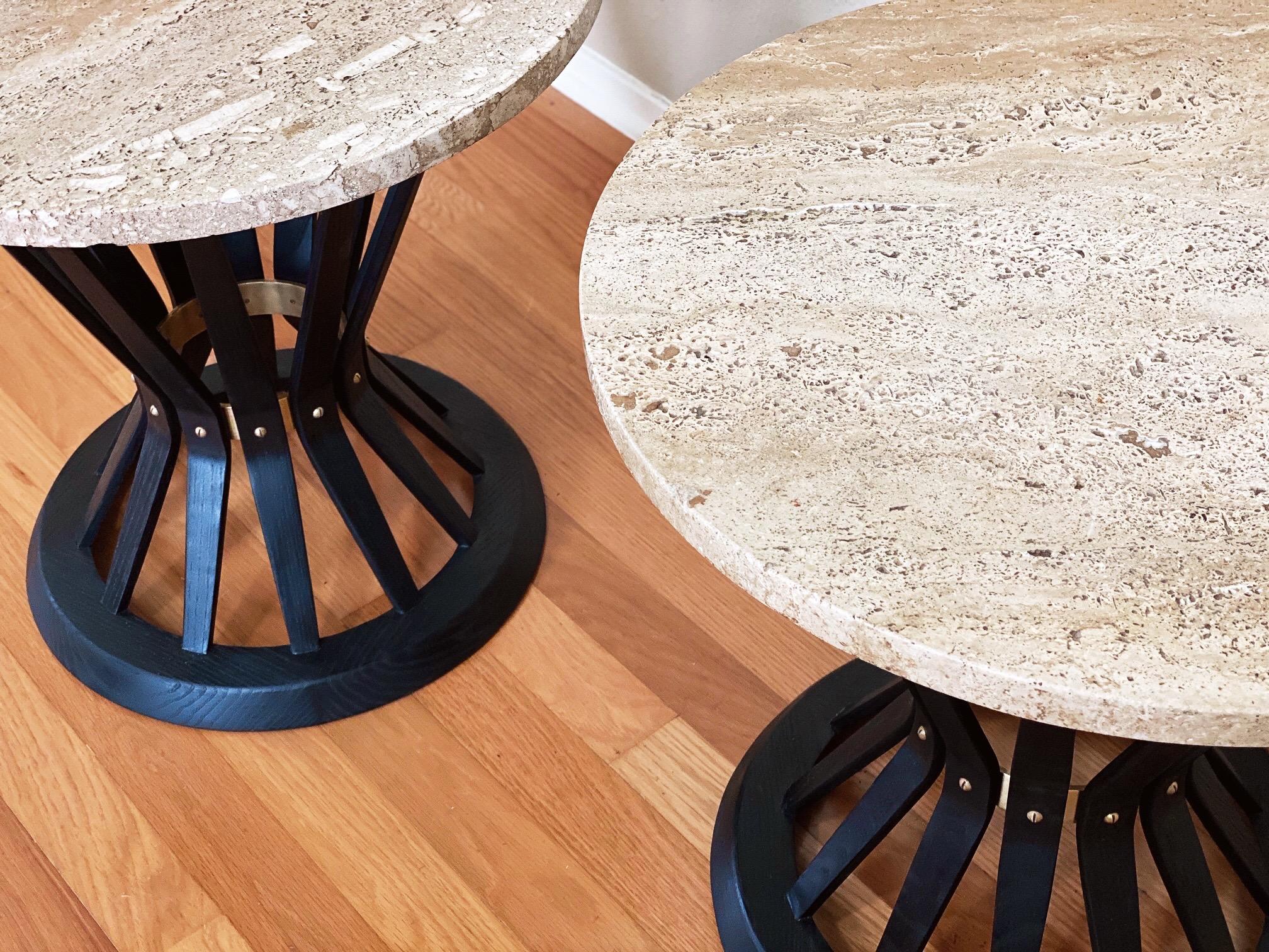 Brass Pair of Round Travertine Tables by Edward Wormley for Dunbar Furniture Corp.