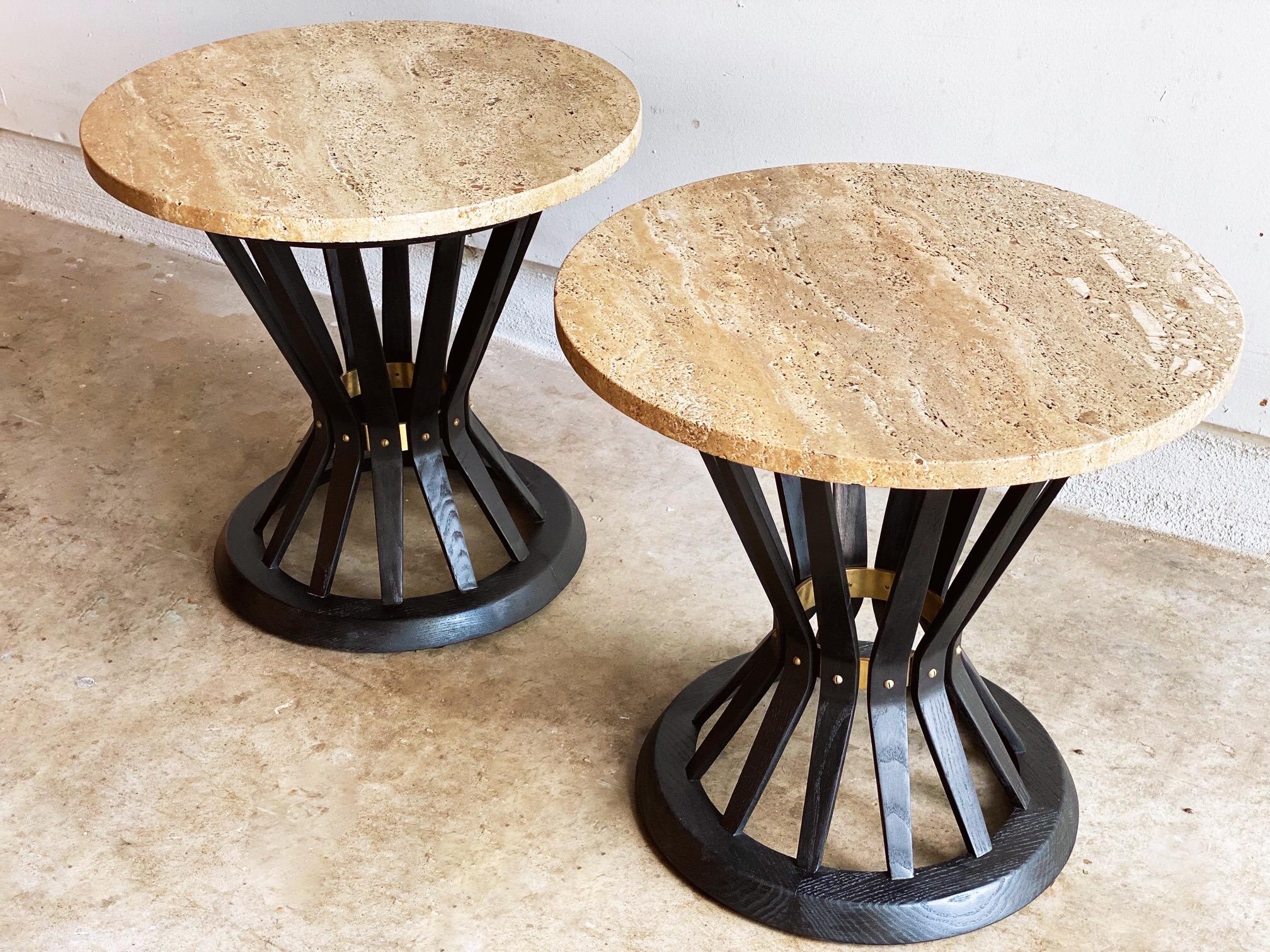 Pair of Round Travertine Tables by Edward Wormley for Dunbar Furniture Corp. 1