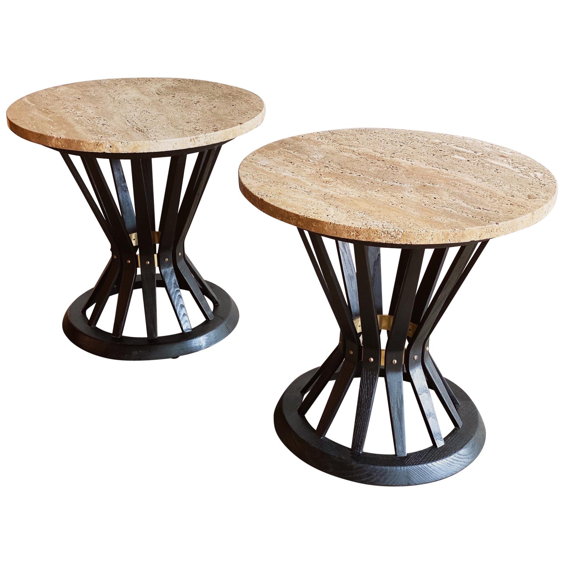Pair of Round Travertine Tables by Edward Wormley for Dunbar Furniture Corp.