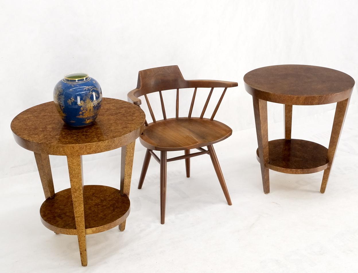 Mid-Century Modern Pair of Round Two Tier Tortoiseshell Side End Tables Stands Pedestals