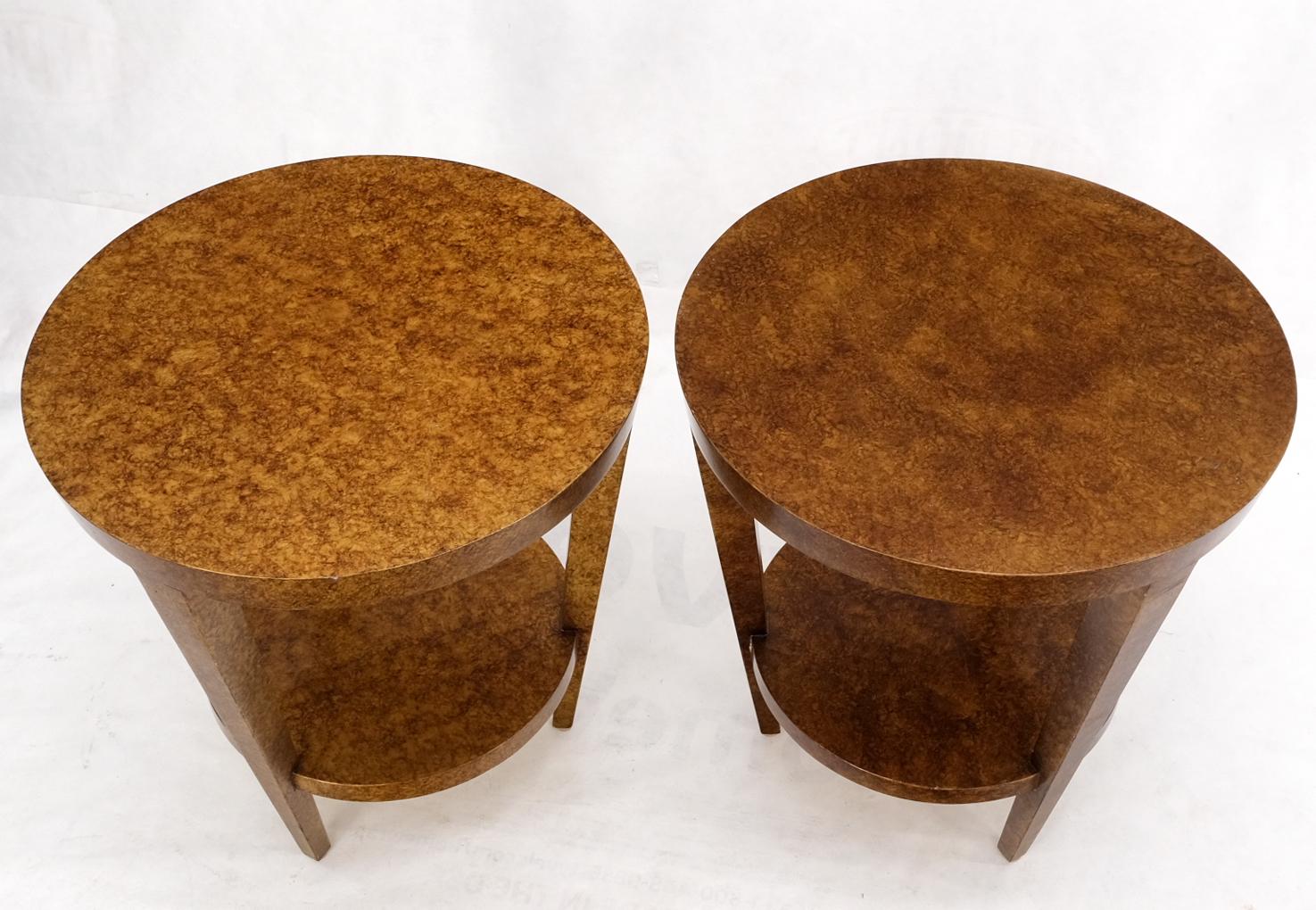 Lacquered Pair of Round Two Tier Tortoiseshell Side End Tables Stands Pedestals