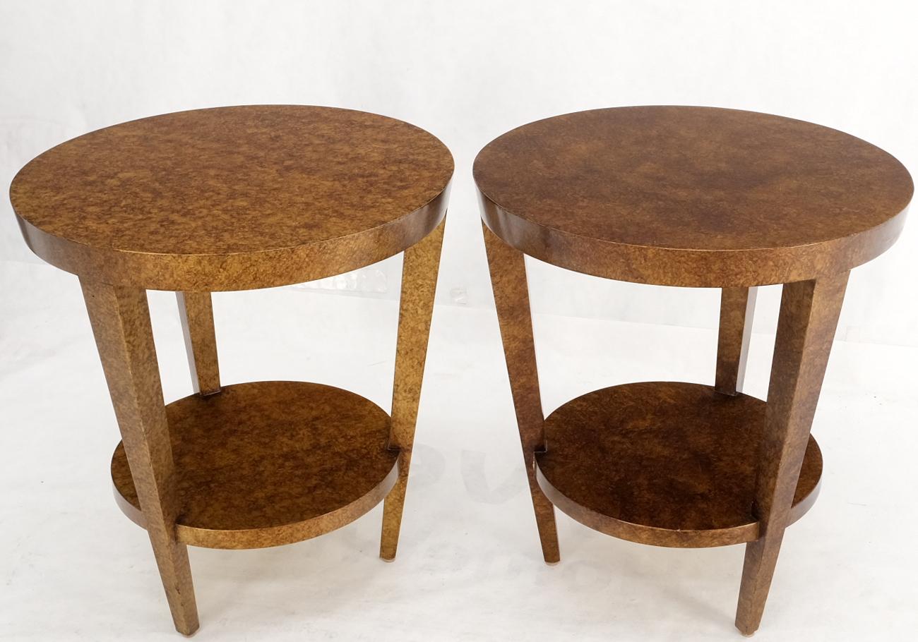 Hardwood Pair of Round Two Tier Tortoiseshell Side End Tables Stands Pedestals