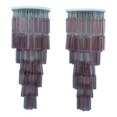 Coppia di lampadari tondi Venini a cascata Cannucce in vetro di Murano viola italiano