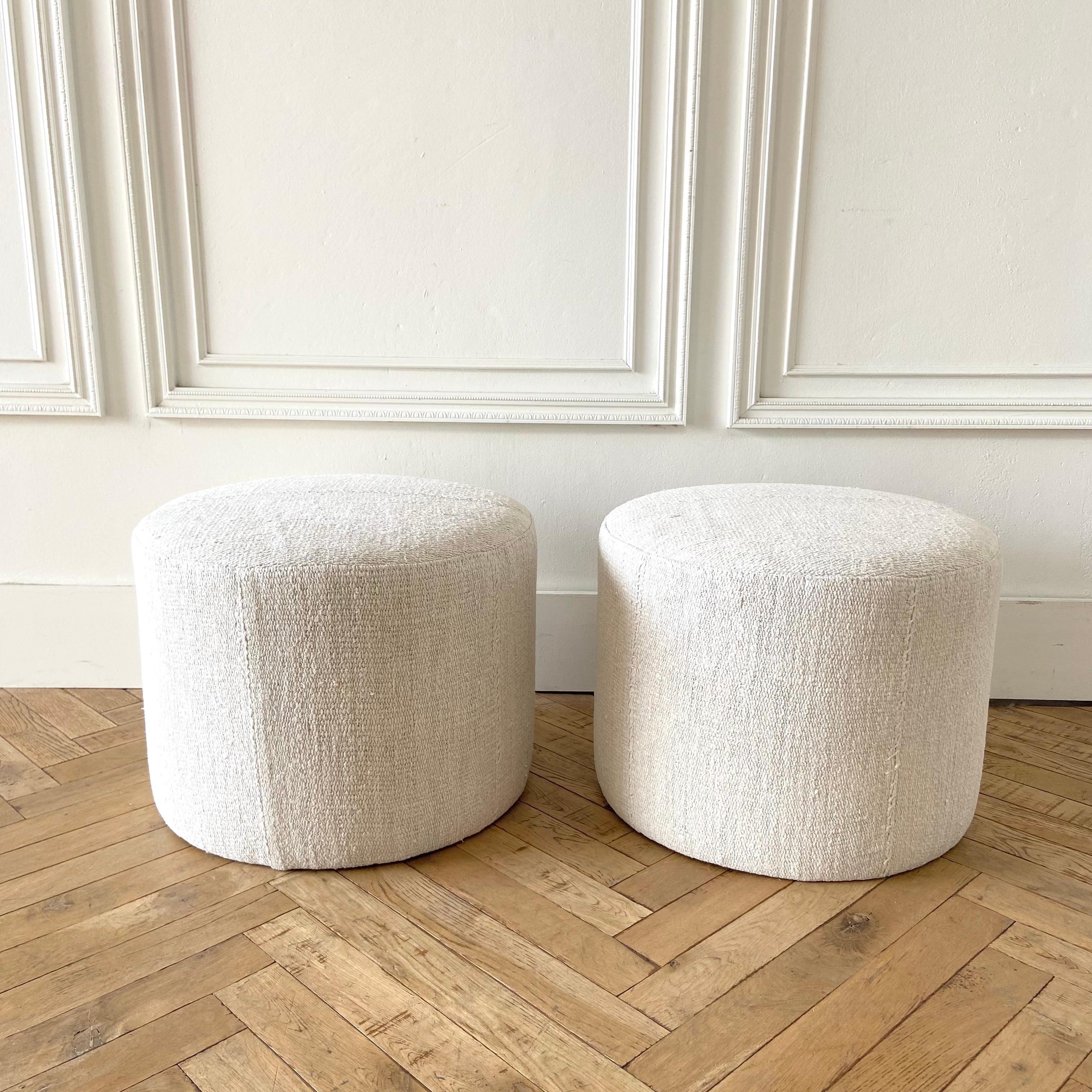 Pair of Round Vintage Turkish Wool Hemp Rug Ottomans 5