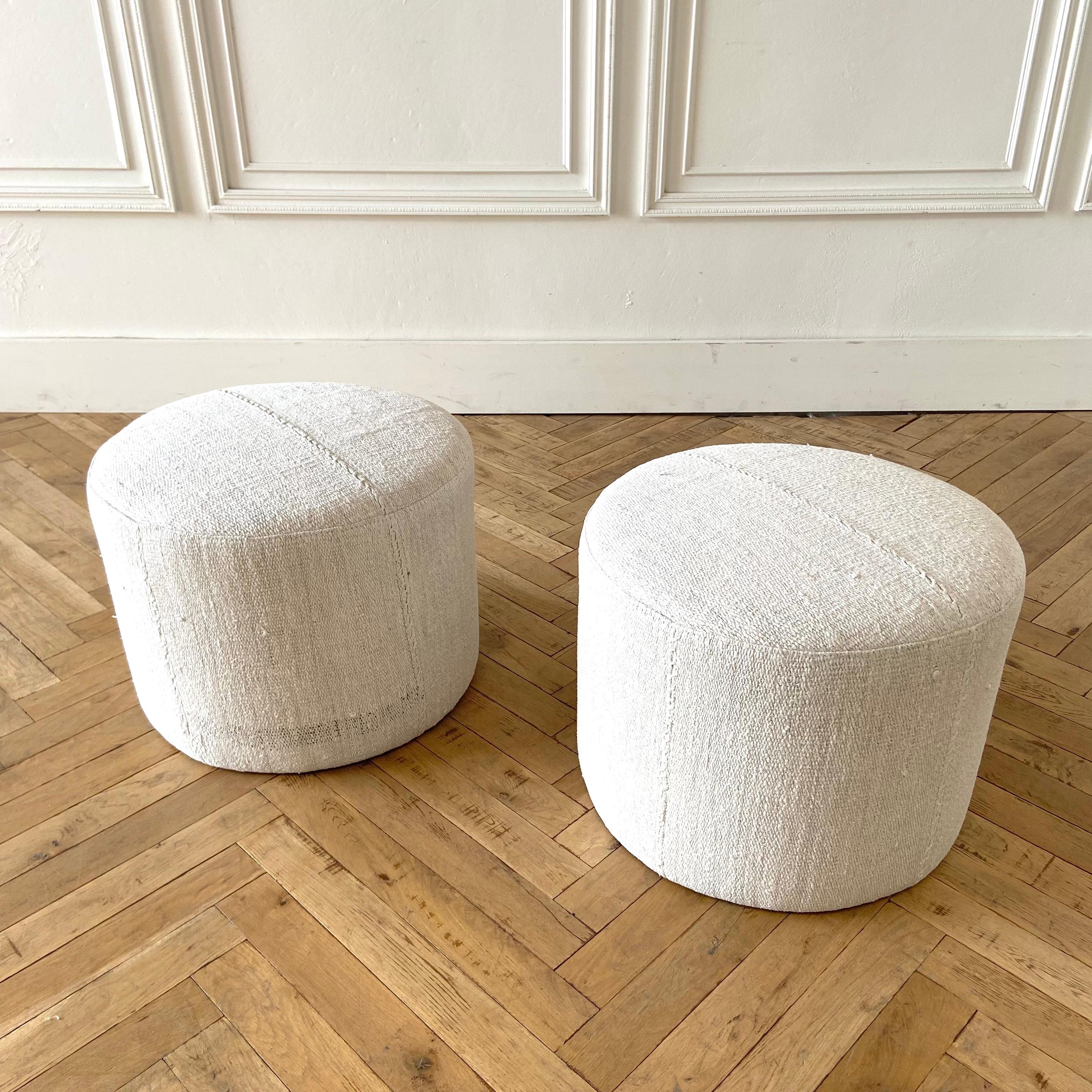 Pair of Round Vintage Turkish Wool Hemp Rug Ottomans In Good Condition In Old Town Orange, CA