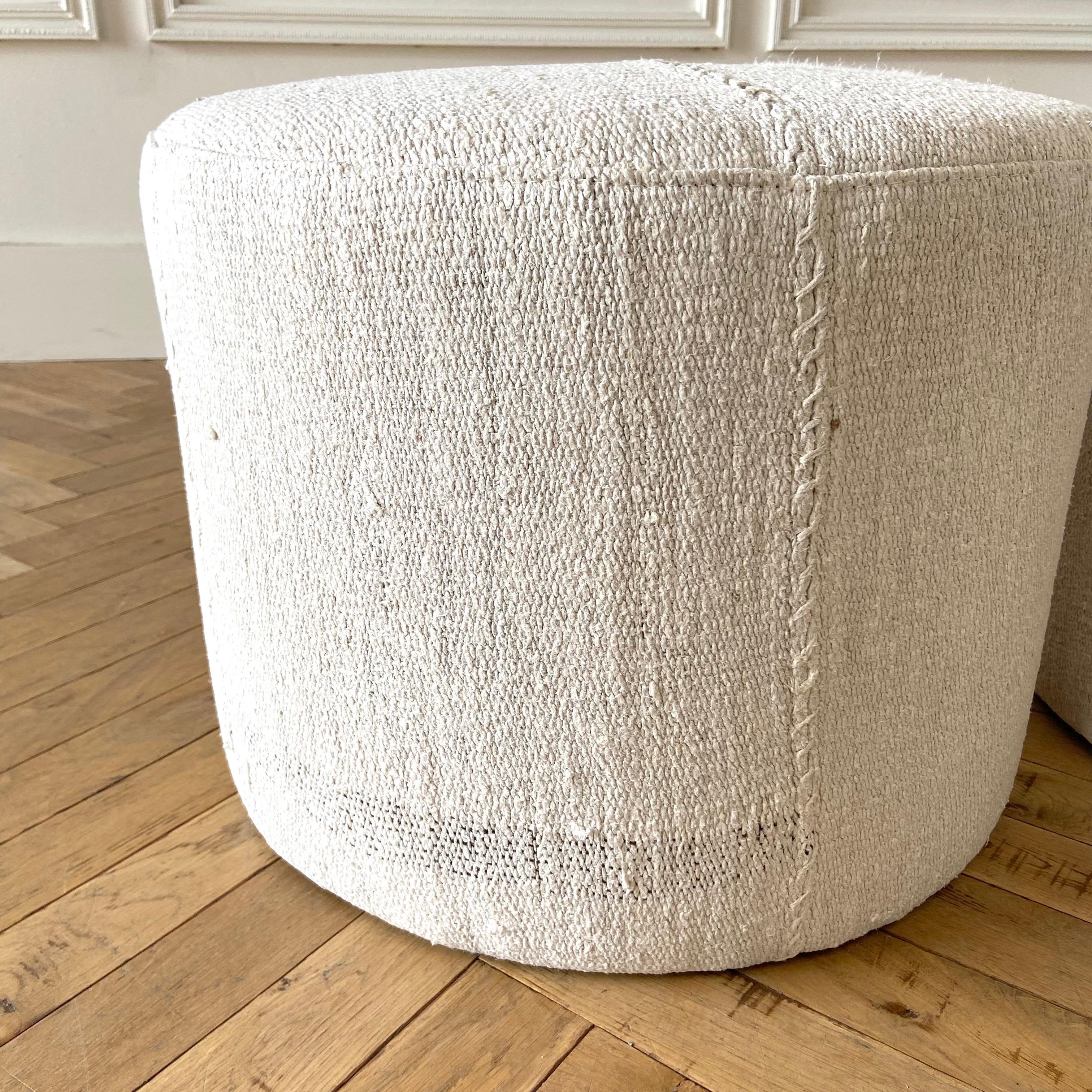 Pair of Round Vintage Turkish Wool Hemp Rug Ottomans 1