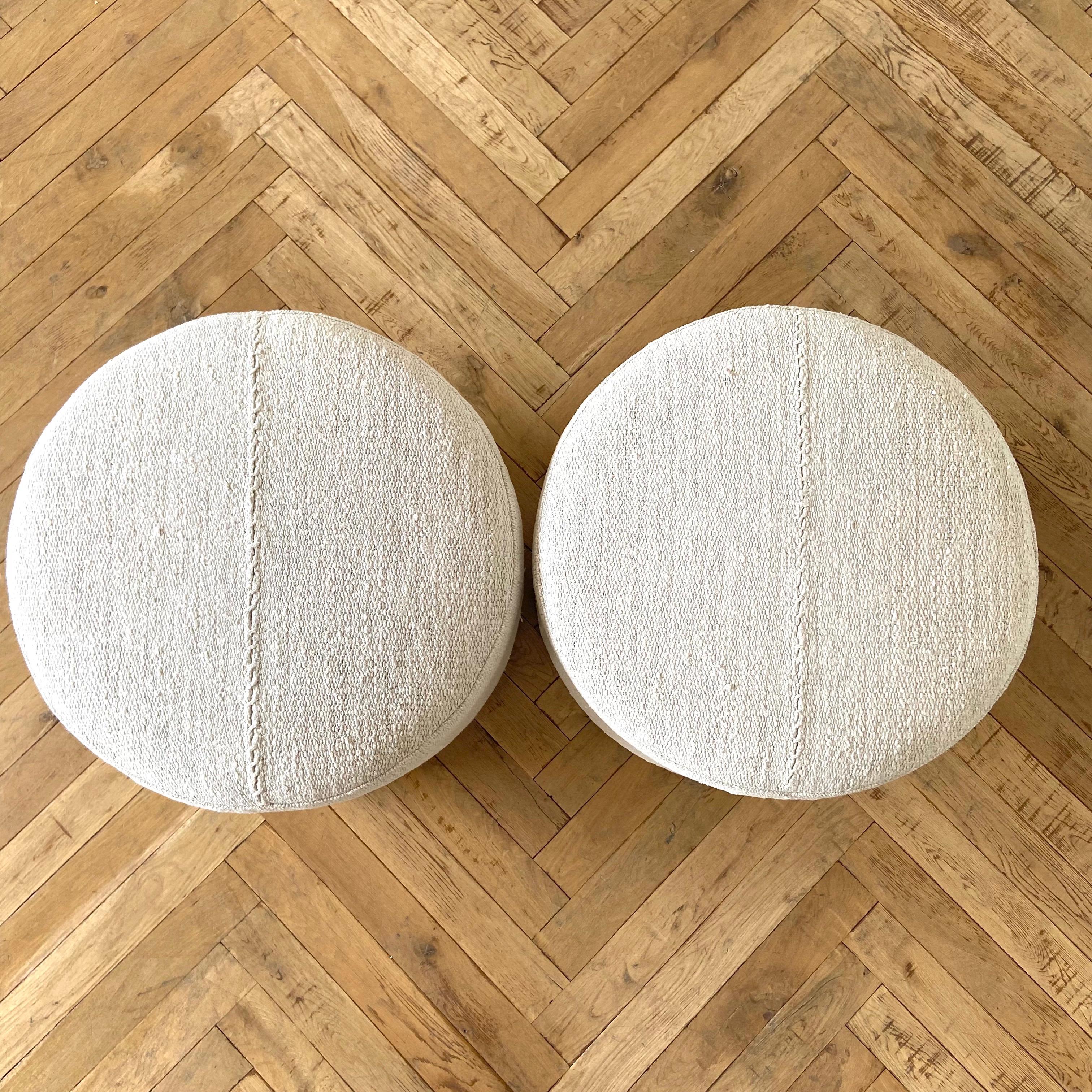 Pair of Round Vintage Turkish Wool Hemp Rug Ottomans 3