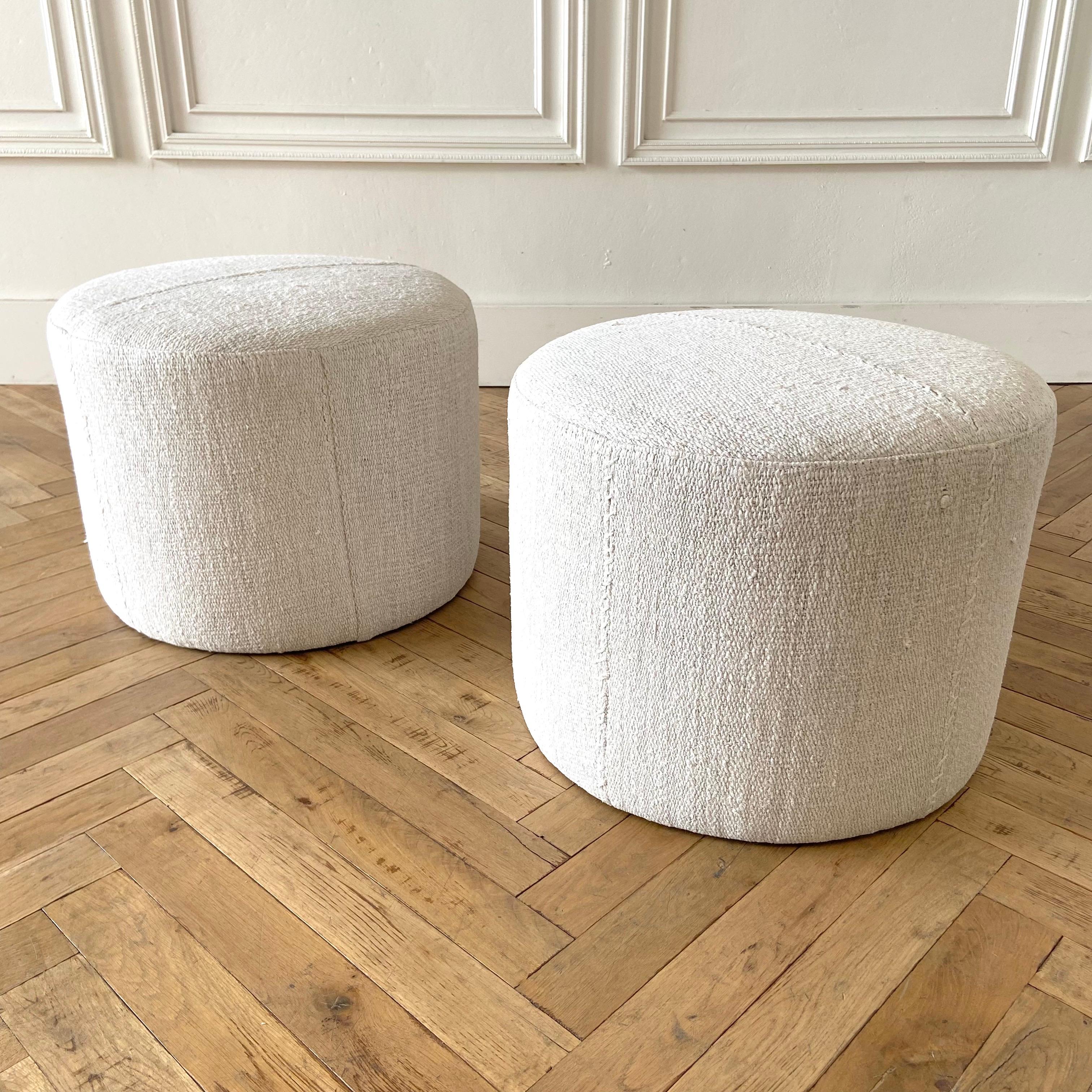 Pair of Round Vintage Turkish Wool Hemp Rug Ottomans 4